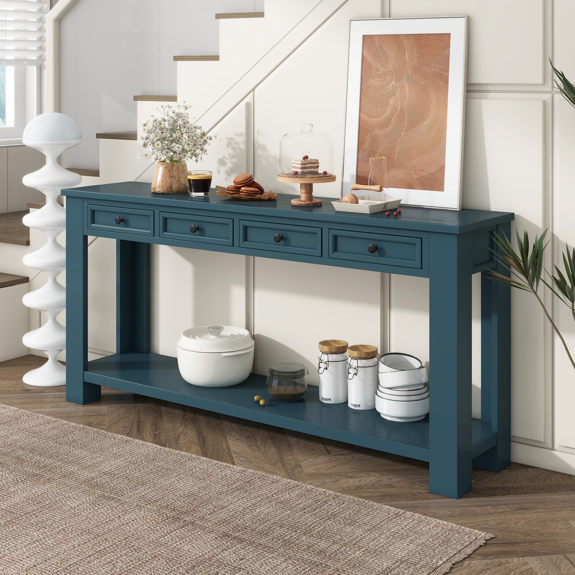 Console Table Sofa Table With Storage Drawers And Bottom Shelf For Entryway Hallway Dark Blue Dark Blue Solid Wood