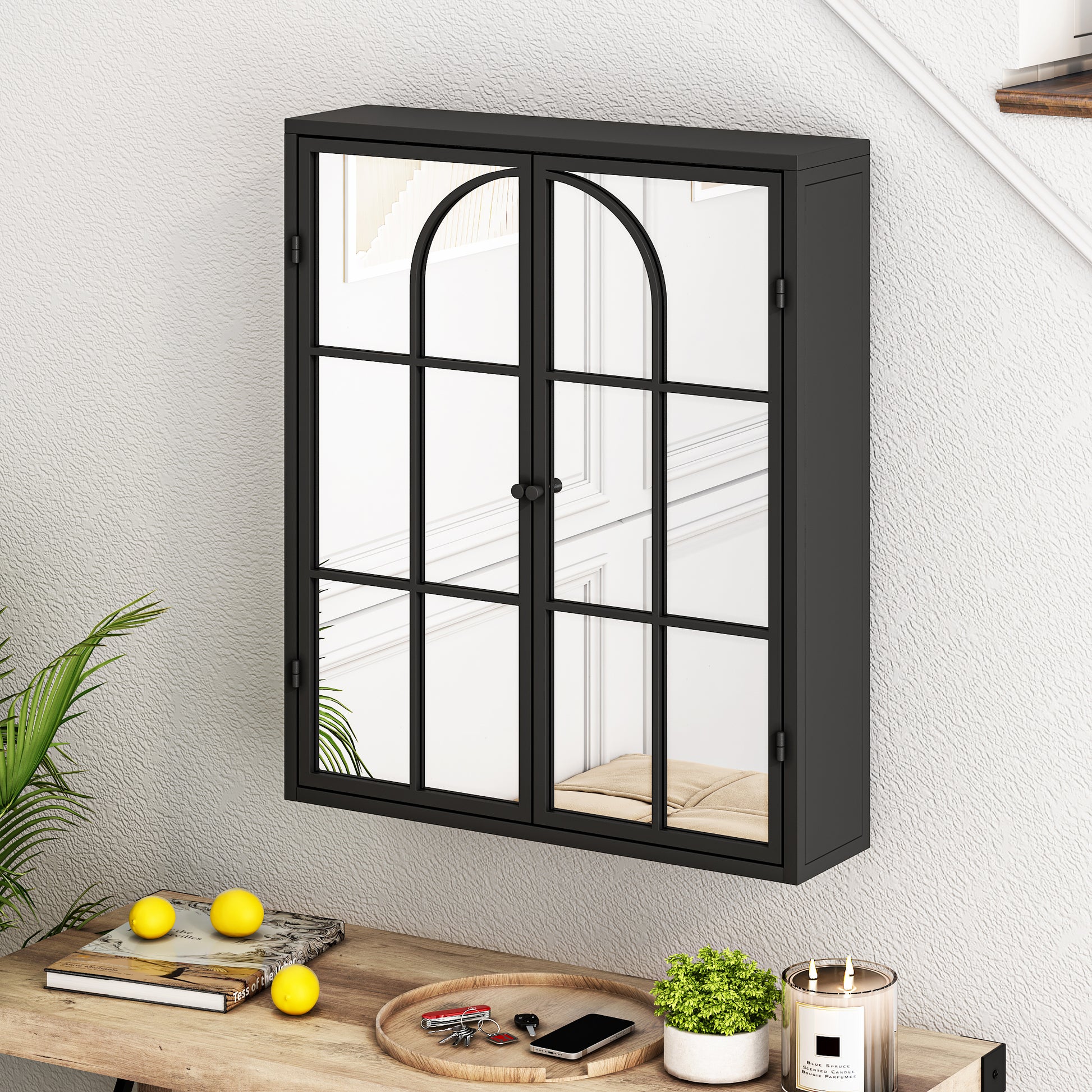 23.62 "Vintage Two Door Wall Cabinet With Mirror, Three Level Entrance Storage Space For Living Room, Bathroom, Dining Room, Black Black Iron