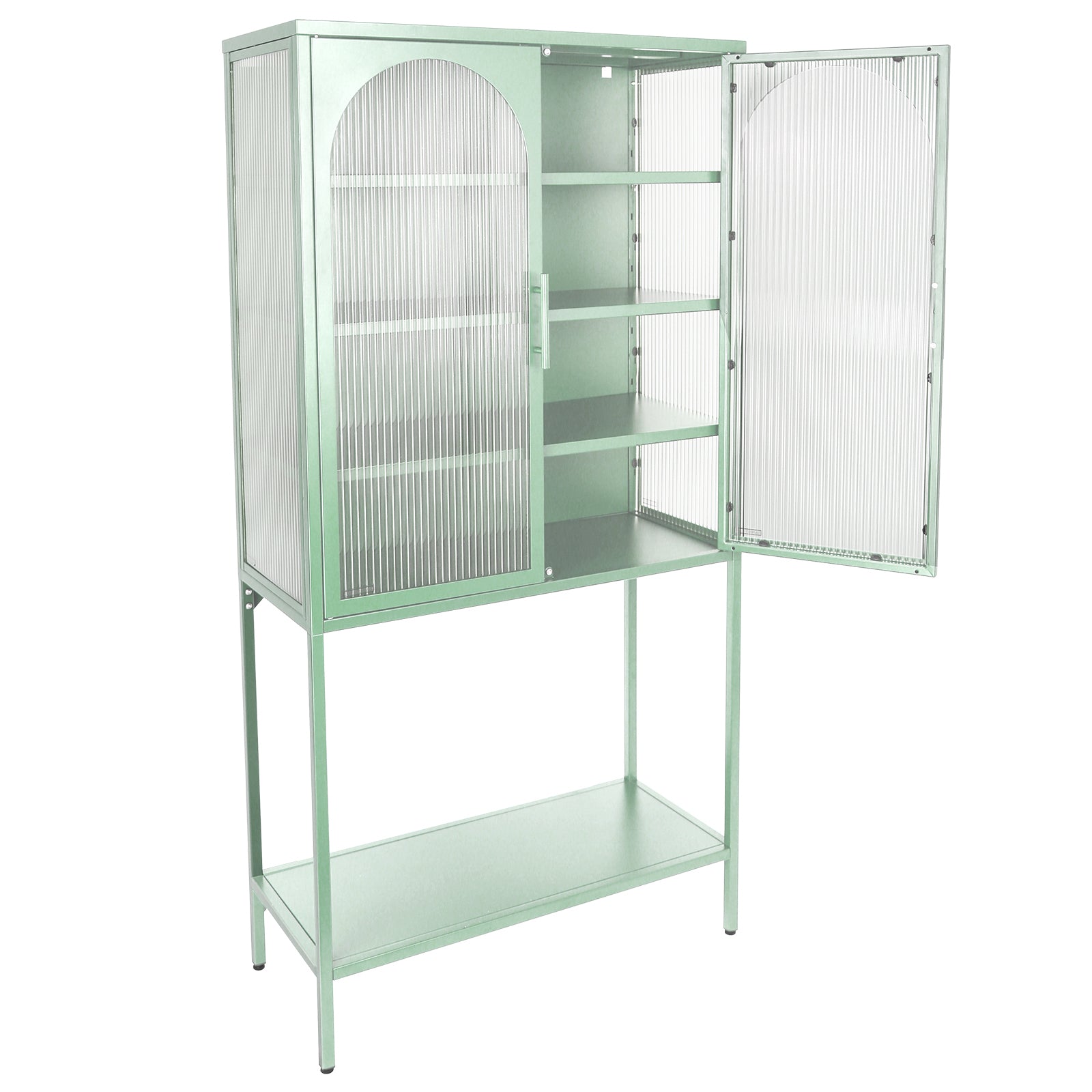 Elegant Floor Cabinet With 2 Glass Arched Doors Living Room Display Cabinet With Adjustable Shelves Anti Tip Dust Free Easy Assembly Light Green Mint Green Tempered Glass Sheet Metal Plastic