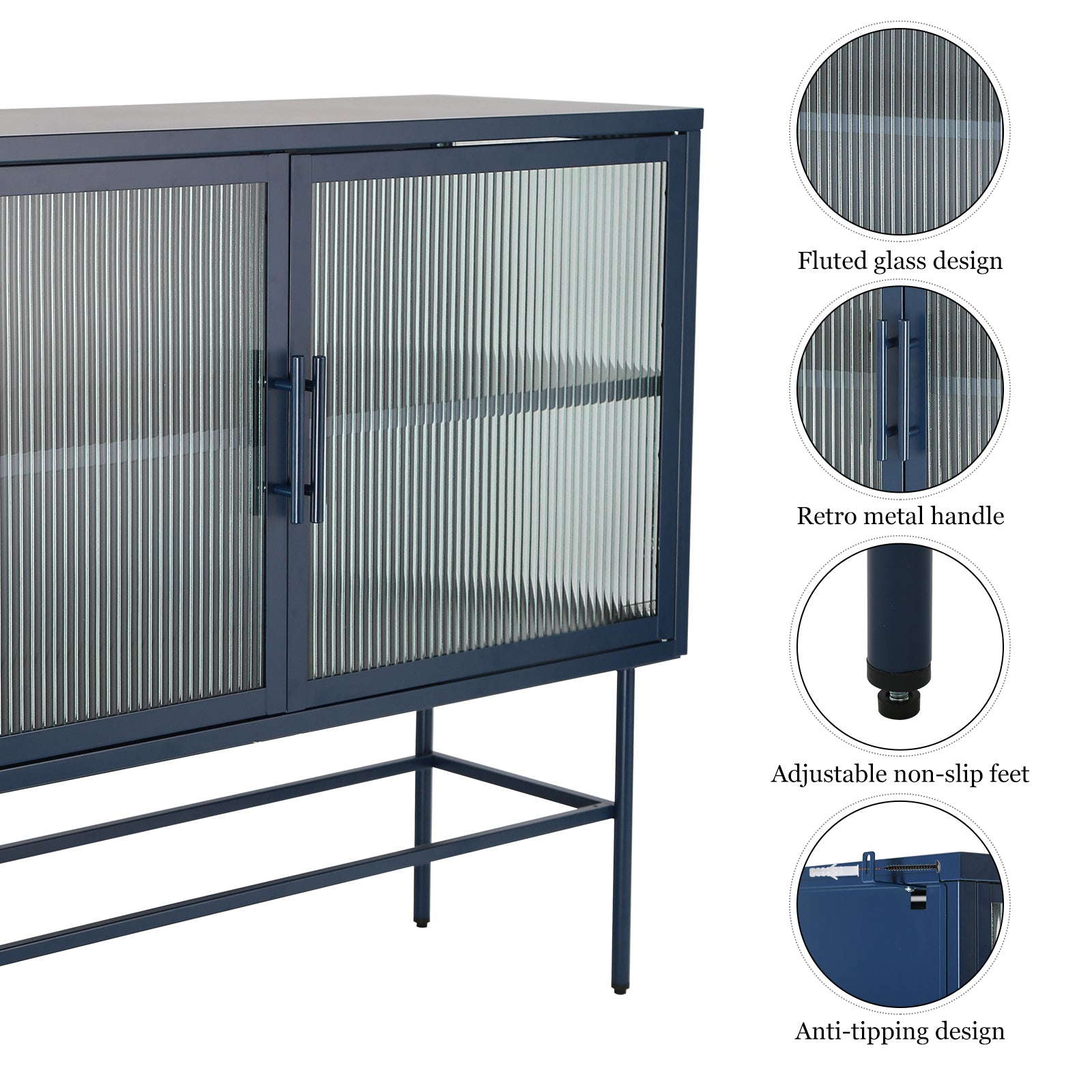 Double Door Tempered Glass Sideboard Console Table With 2 Fluted Glass Doors Adjustable Shelf And Feet Anti Tip Dust Free Kitchen Credenza Cabinet Blue Blue Tempered Glass Sheet Metal Plastic