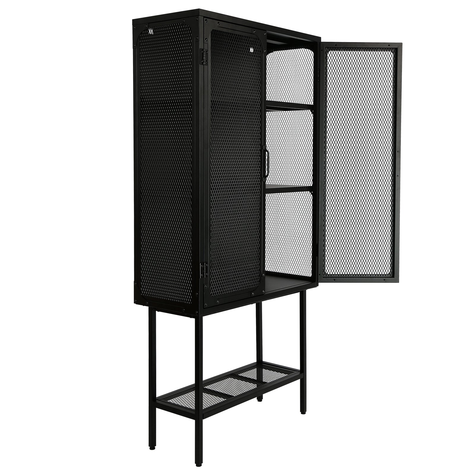 Industrial Cabinet Cupboard With 2 Metal Mesh Doors Adjustable Shelves And Feet Bottom Shelf Anti Tip Dust Free Kitchen Credenza Sideboard Black Black Steel