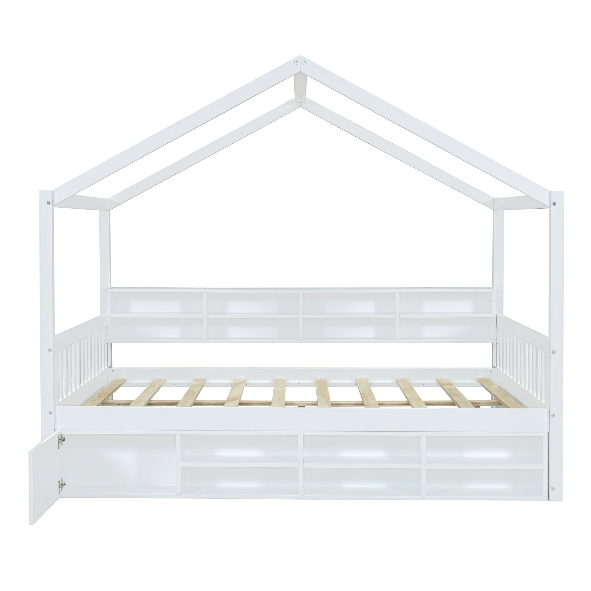 Full Size Wooden House Bed With Shelves And A Mini Cabinet, White Box Spring Not Required White Wood Bedroom Pine Bed Frame Wood