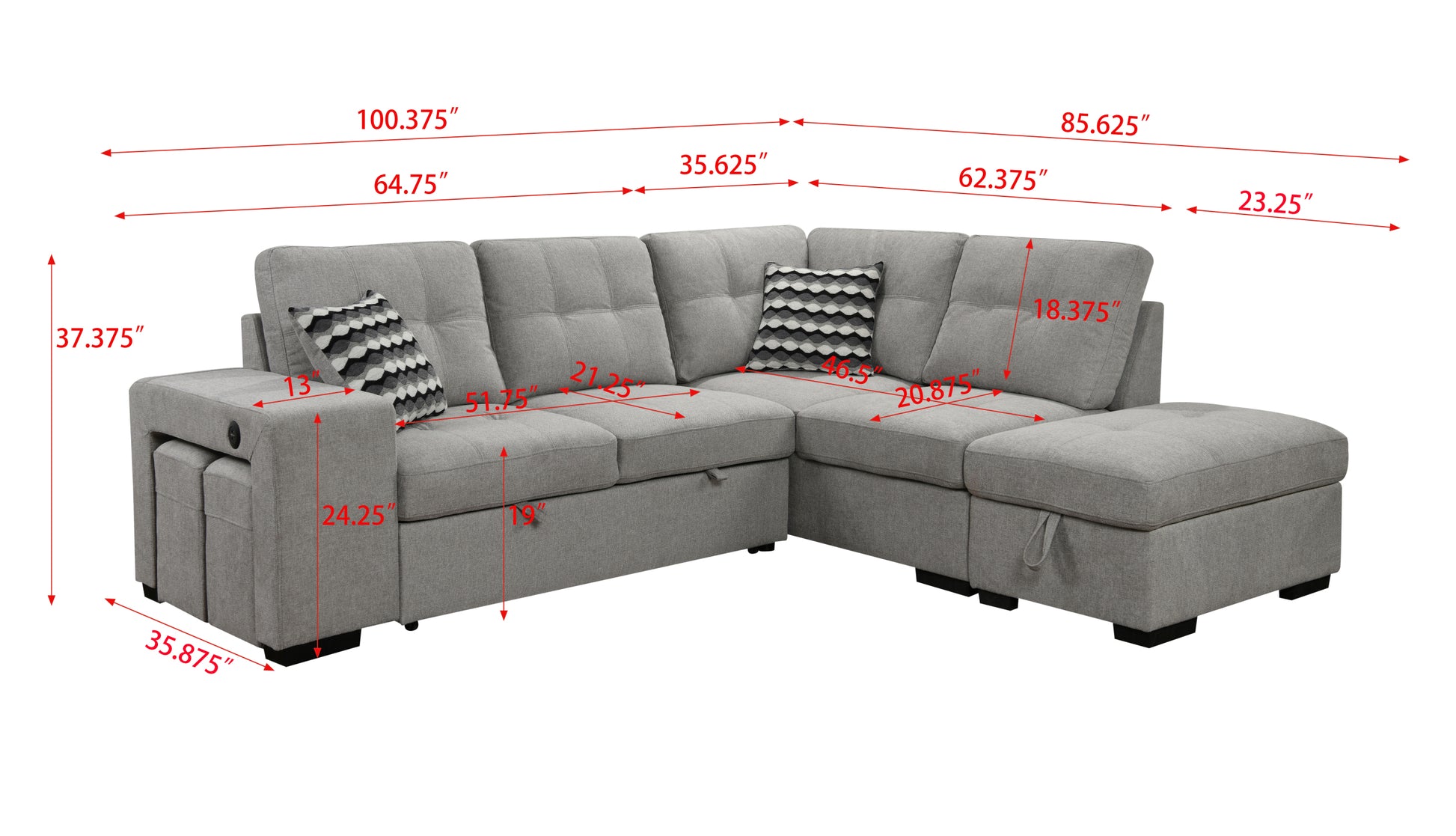 Sectional Pull Out Sofa Bed 101" Reversible L Shaped Corner Sleeper Upholstered Couch With Storage Ottoman, 2 Pillows,Usb Ports,2 Stools For Living Room Furniture Sets,Apartments, Light Gray Light Brown Wood Primary Living Space Heavy Duty Eucalyptus 4