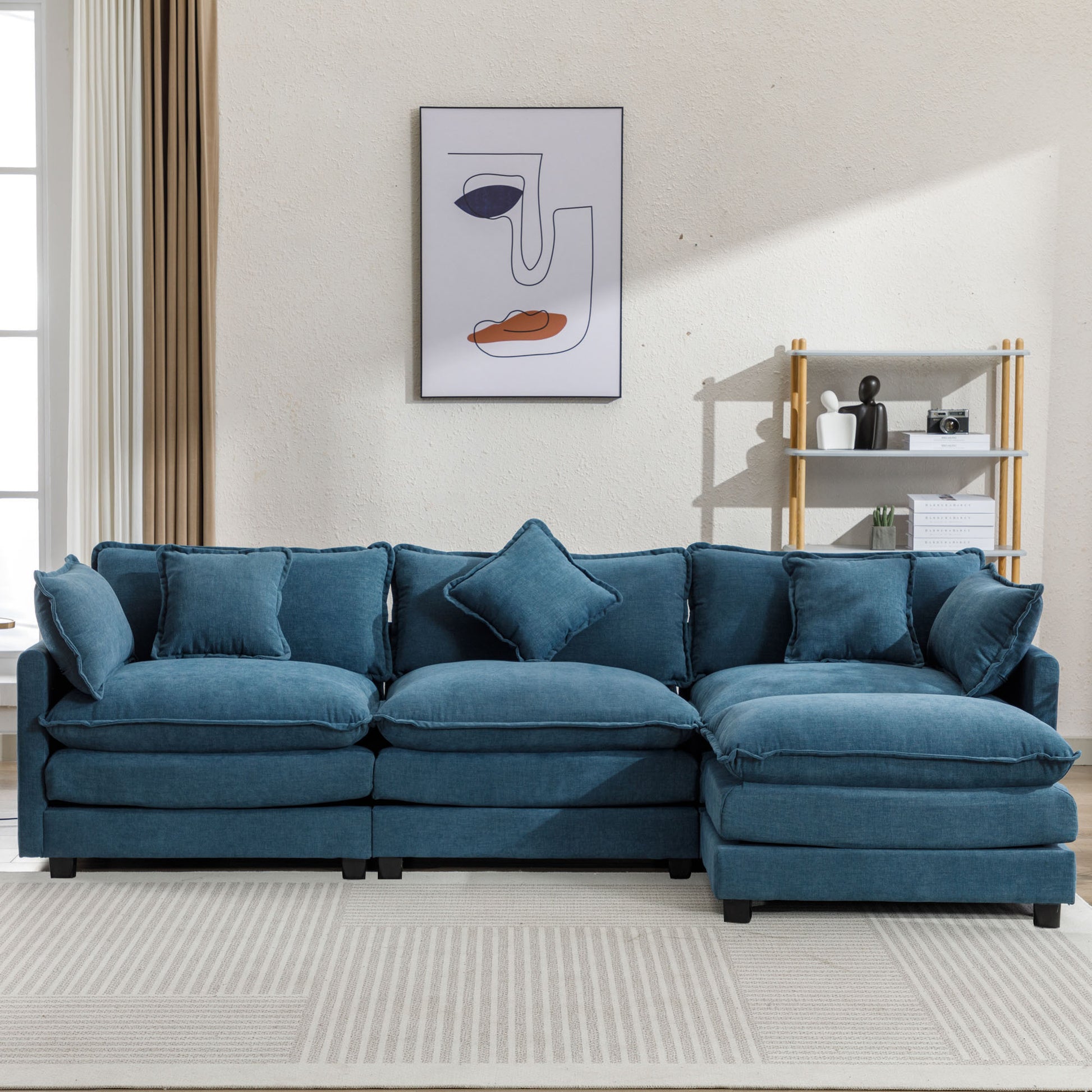 112.2" L Shape Chenille Upholstered Sofa For Living Room Modern Luxury Sofa Couch With Ottoman, 5 Pillows, Blue Blue Foam 4 Seat