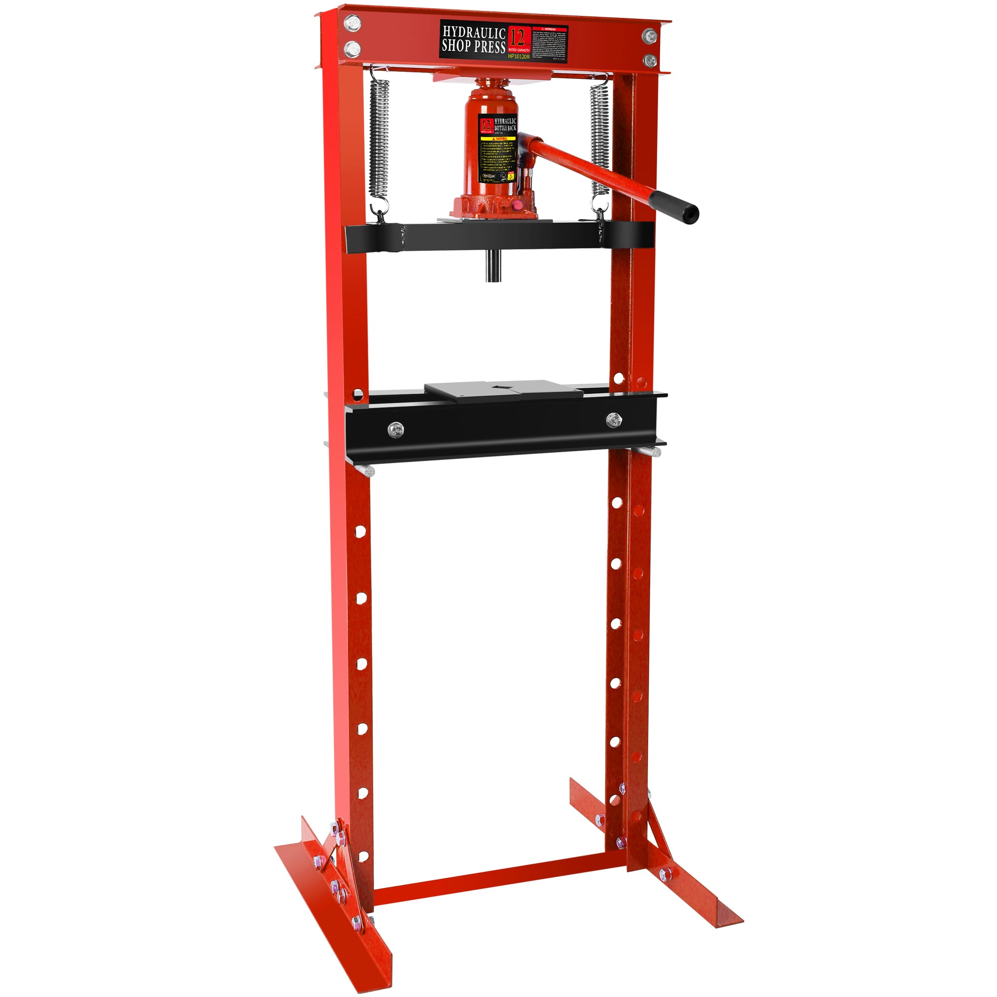 12 Ton Hydraulic Shop Floor Press, Steel H Frame Shop Press With Steel Plates Adjustable Working Table, Floor Stand Jack For Gears And Bearings Red Steel