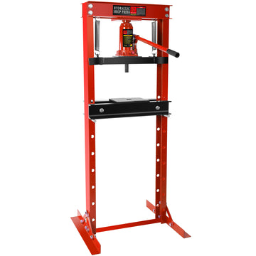 12 Ton Hydraulic Shop Floor Press, Steel H Frame Shop Press With Steel Plates Adjustable Working Table, Floor Stand Jack For Gears And Bearings Red Steel