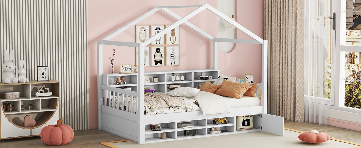 Twin Size Wooden House Bed With Shelves And A Mini Cabinet, White Box Spring Not Required White Wood Bedroom Pine Bed Frame Wood