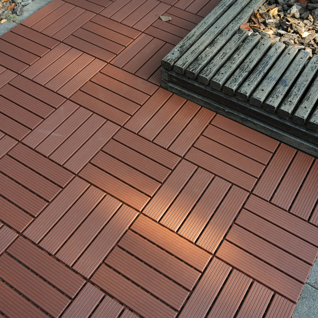 Plastic Interlocking Deck Tiles,44 Pack Patio Deck Tiles,12"X12" Square Waterproof Outdoor All Weather Use, Patio Decking Tiles For Poolside Balcony Backyard, Brown Brown Polypropylene