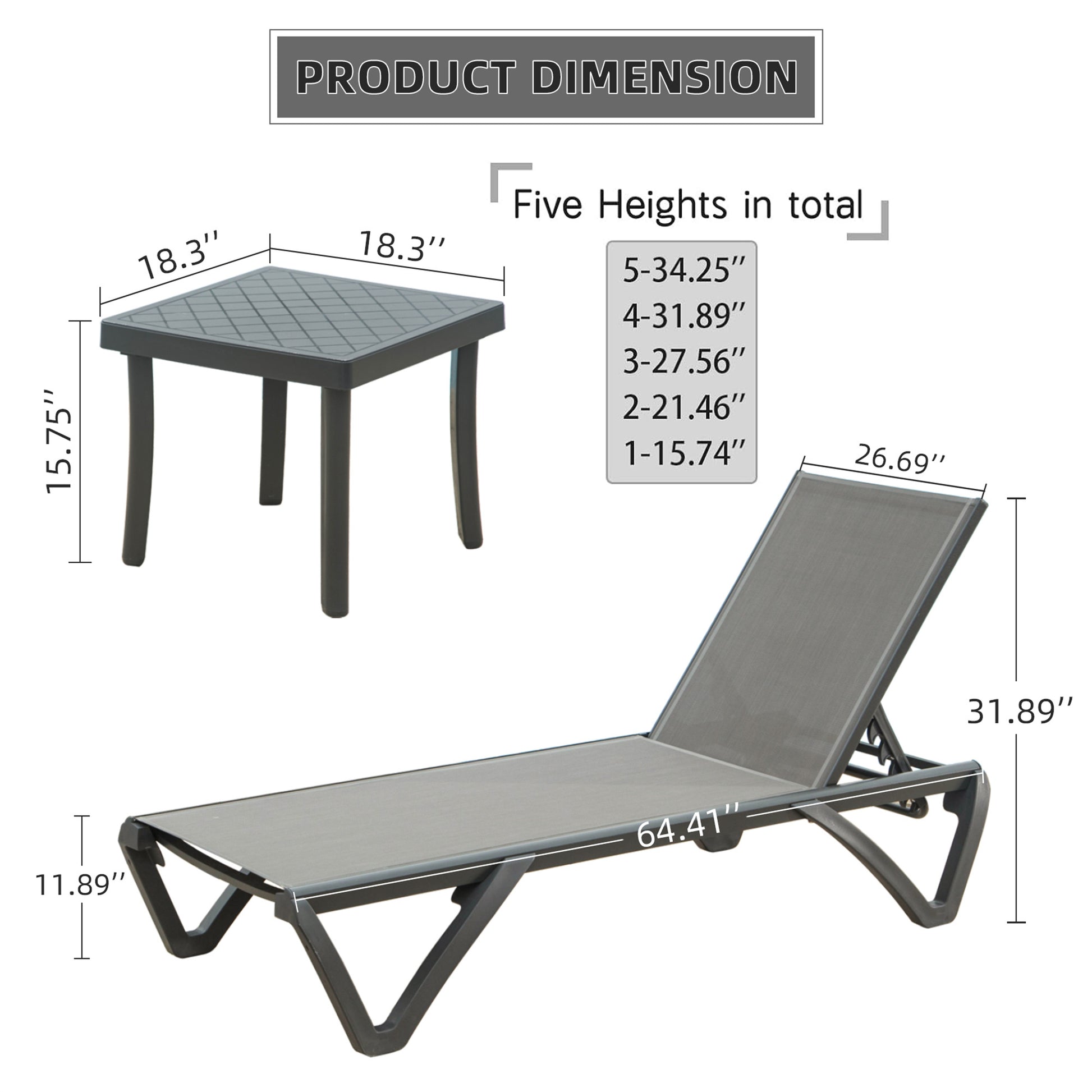 Patio Chaise Lounge Chair Set Of 3,Outdoor Aluminum Polypropylene Sunbathing Chair With 5 Adjustable Position,Side Table For Beach,Yard,Balcony,Poolside Grey,2 Lounge Chair 1 Table Gray Aluminium