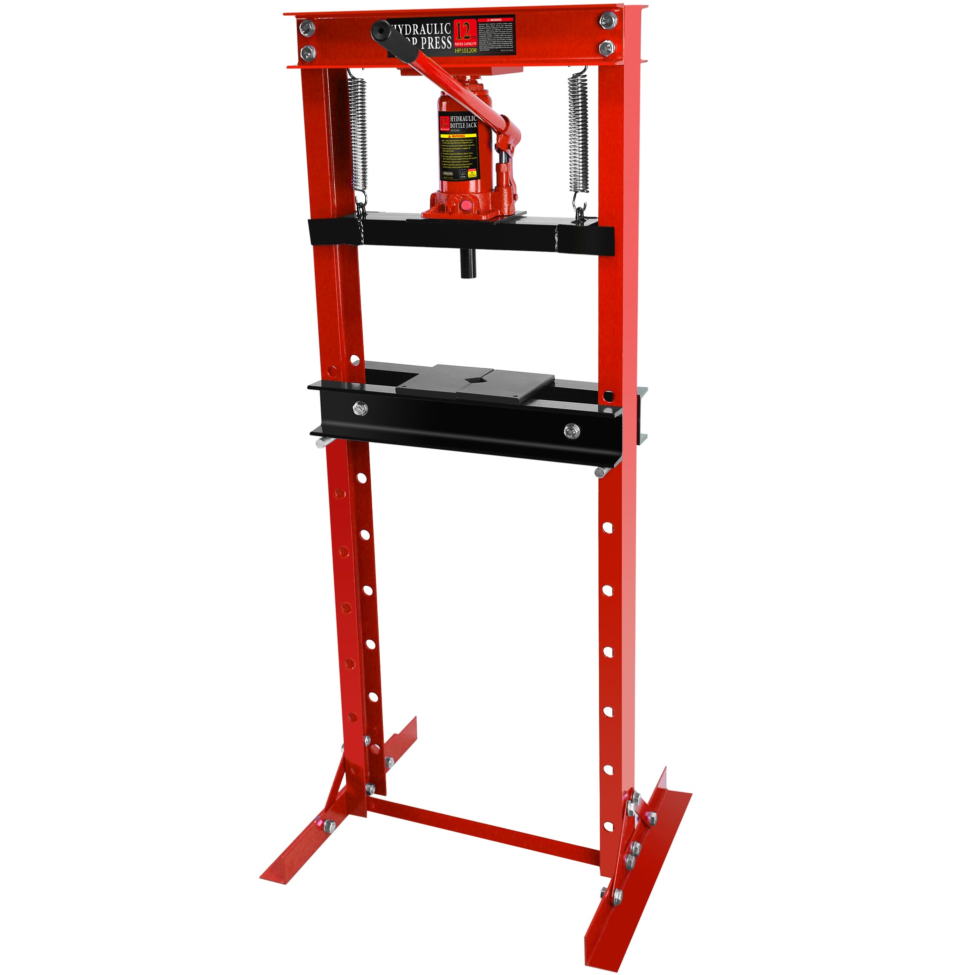 12 Ton Hydraulic Shop Floor Press, Steel H Frame Shop Press With Steel Plates Adjustable Working Table, Floor Stand Jack For Gears And Bearings Red Steel