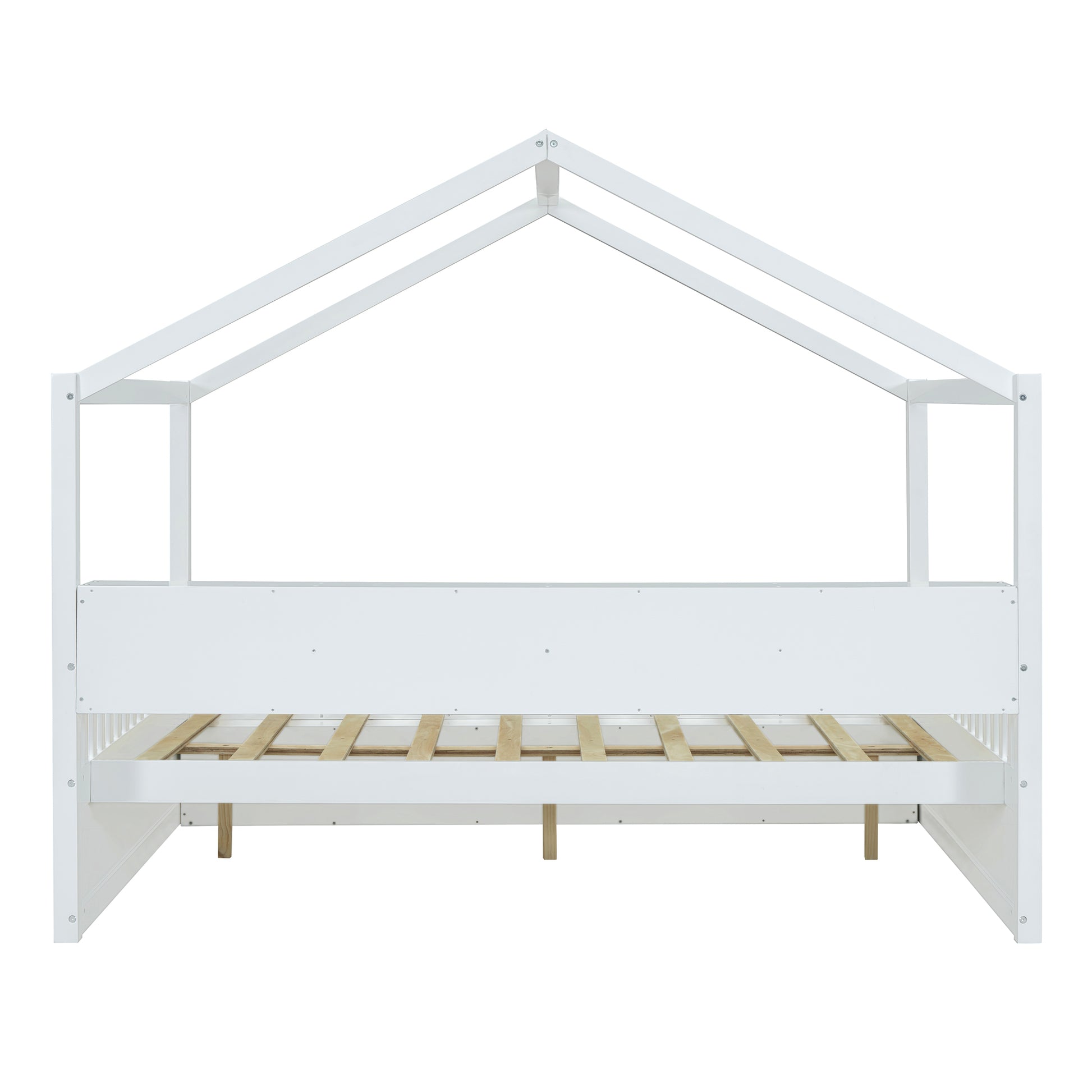 Full Size Wooden House Bed With Shelves And A Mini Cabinet, White Box Spring Not Required White Wood Bedroom Pine Bed Frame Wood