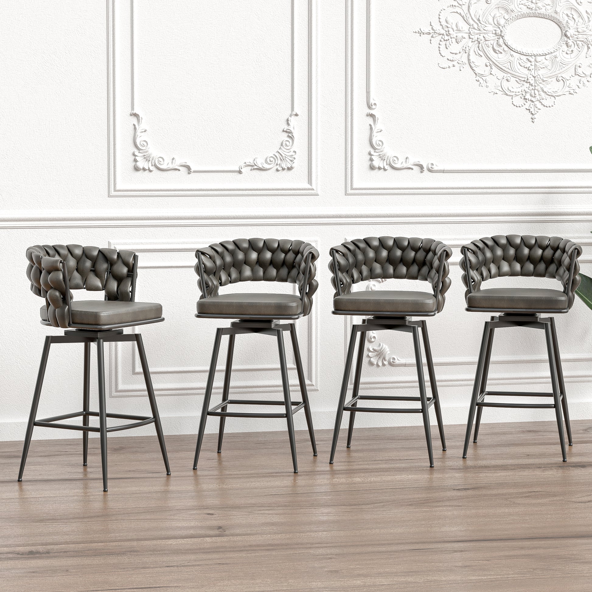Technical Leather Woven Bar Stool Set Of 2,Black Legs Barstools No Adjustable Kitchen Island Chairs,360 Swivel Bar Stools Upholstered Counter Stool Arm Chairs With Back Footrest, Tan Metal Black Brown Kitchen Dining Chairs Foam Technical Leather