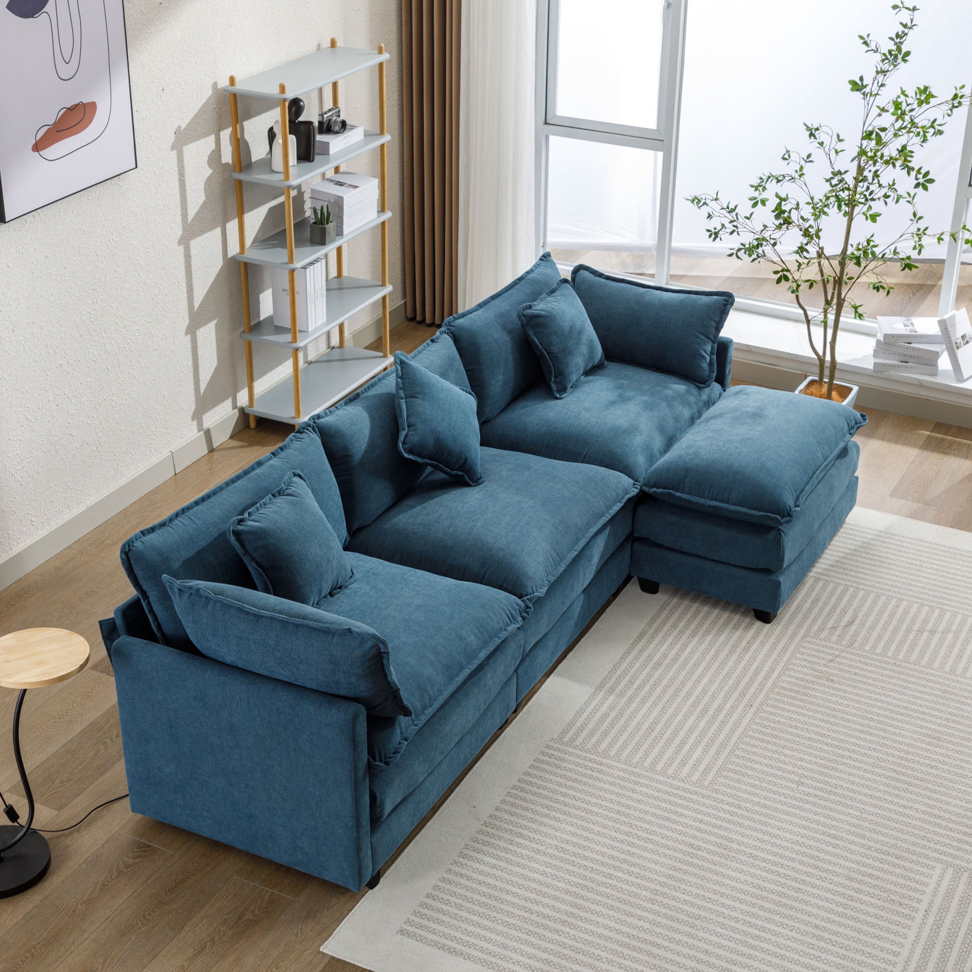 112.2" L Shape Chenille Upholstered Sofa For Living Room Modern Luxury Sofa Couch With Ottoman, 5 Pillows, Blue Blue Foam 4 Seat