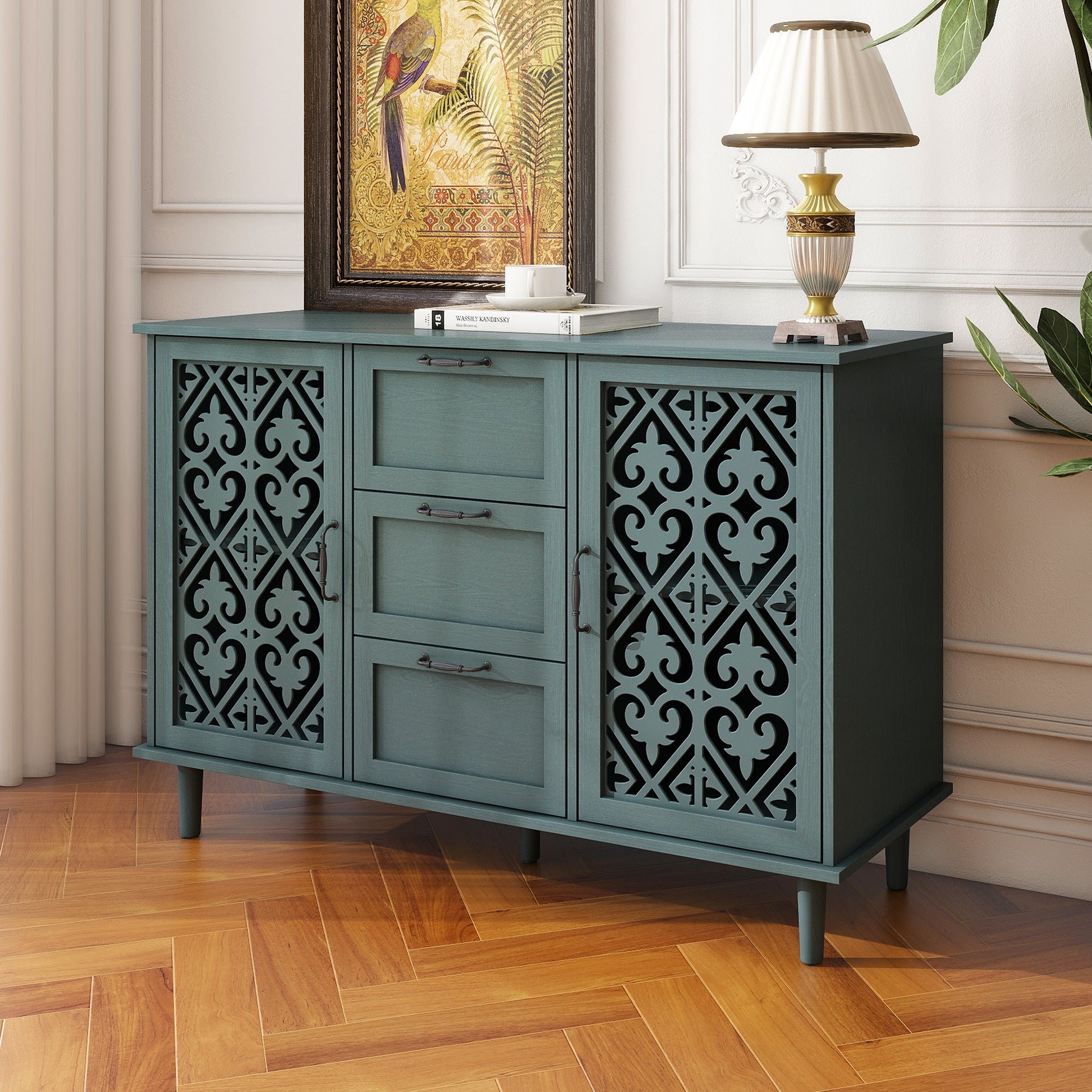 2 Door 3 Drawer Cabinet, American Furniture, Suitable For Bedroom, Living Room, Study Dark Green Particle Board