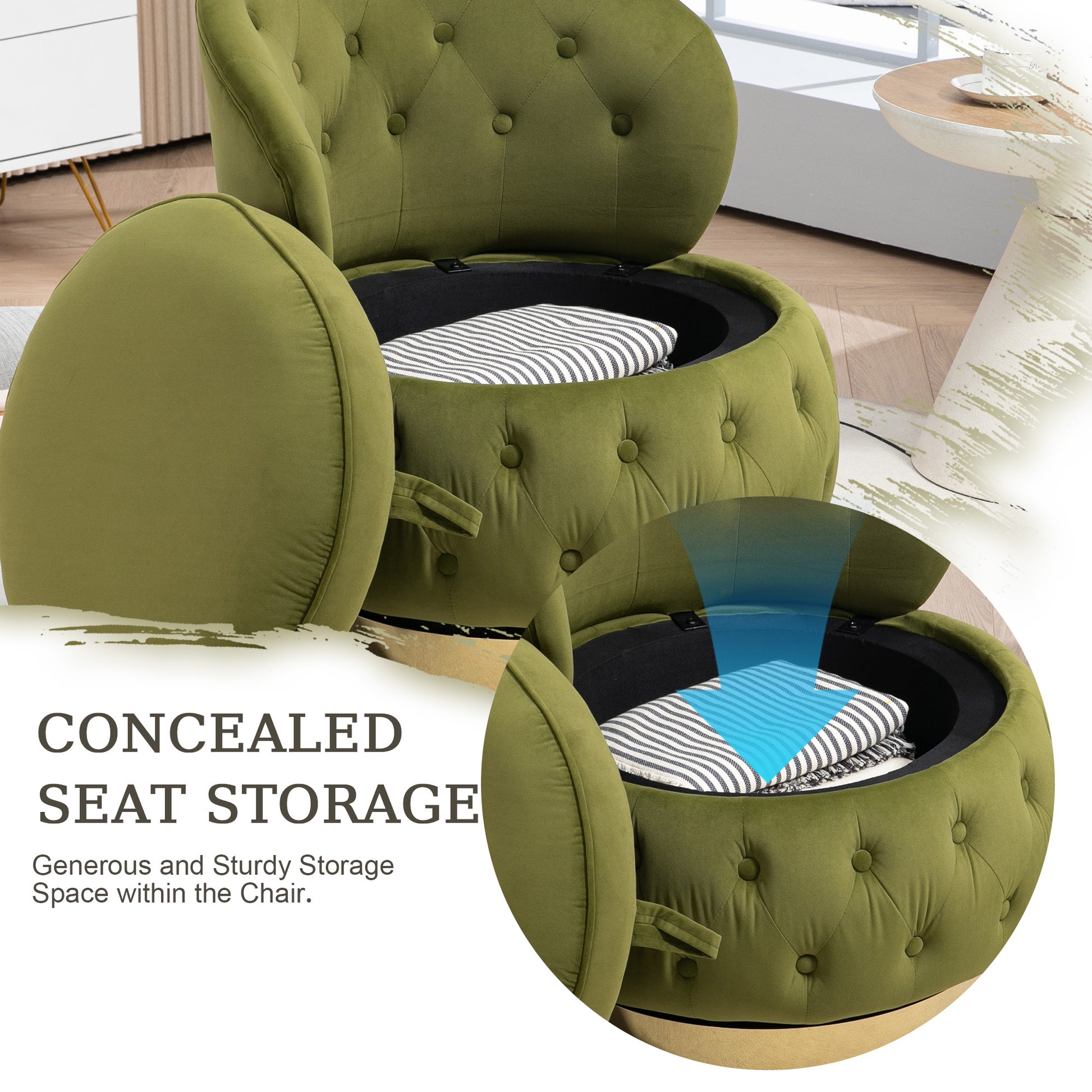 360 Degree Swivel Cuddle Barrel Accent Storage Chairs, Round Armchairs With Wide Upholstered, Fluffy Velvet Fabric Chair For Living Room, Bedroom, Office, Waiting Rooms Olive Green Primary Living Space Foam Velvet