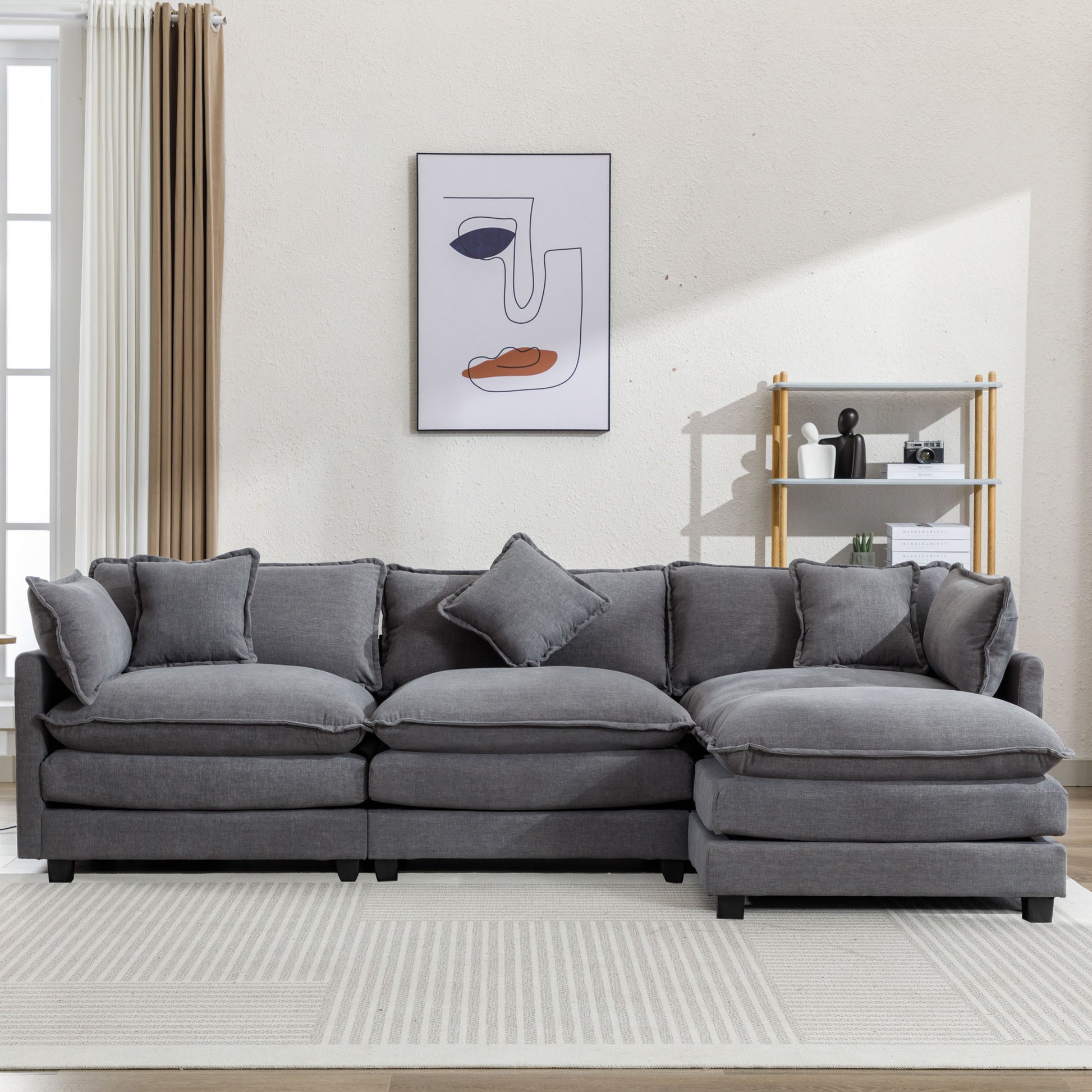 112.2" L Shape Chenille Upholstered Sofa For Living Room Modern Luxury Sofa Couch With Ottoman, 5 Pillows, Gray Gray Foam 4 Seat
