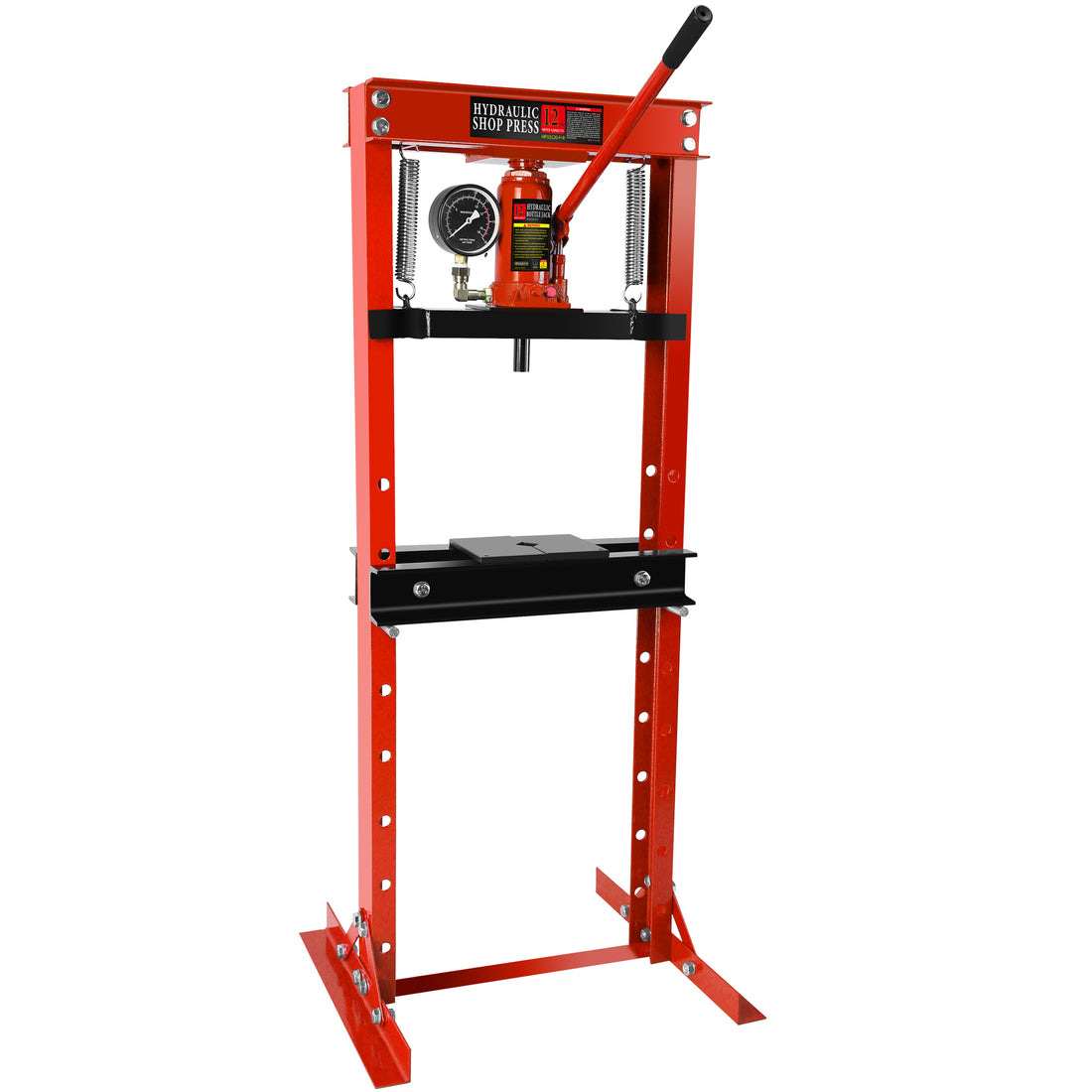 Steel H Frame Hydraulic Garage Shop Floor Press With Stamping Plates, With A Pressure Gauge,12 Ton 24,000 Lb Capacity, Red Red Steel