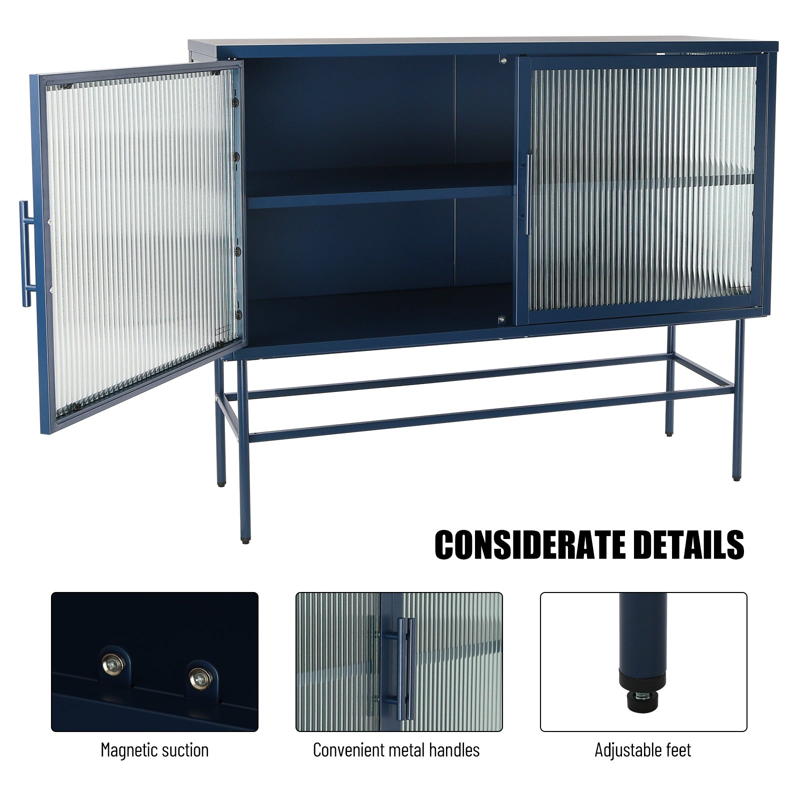 Double Door Tempered Glass Sideboard Console Table With 2 Fluted Glass Doors Adjustable Shelf And Feet Anti Tip Dust Free Kitchen Credenza Cabinet Blue Blue Tempered Glass Sheet Metal Plastic