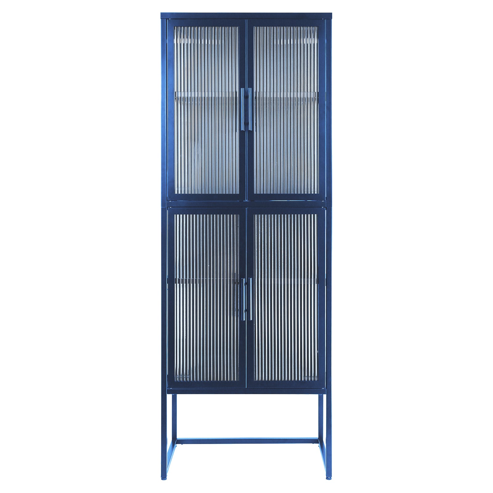 Stylish 4 Door Tempered Glass Cabinet With 4 Glass Doors Adjustable Shelves U Shaped Leg Anti Tip Dust Free Fluted Glass Kitchen Credenza Blue Blue Tempered Glass Sheet Metal Plastic
