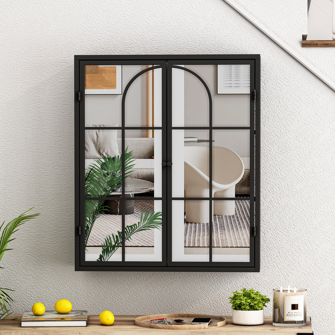 23.62 "Vintage Two Door Wall Cabinet With Mirror, Three Level Entrance Storage Space For Living Room, Bathroom, Dining Room, Black Black Iron