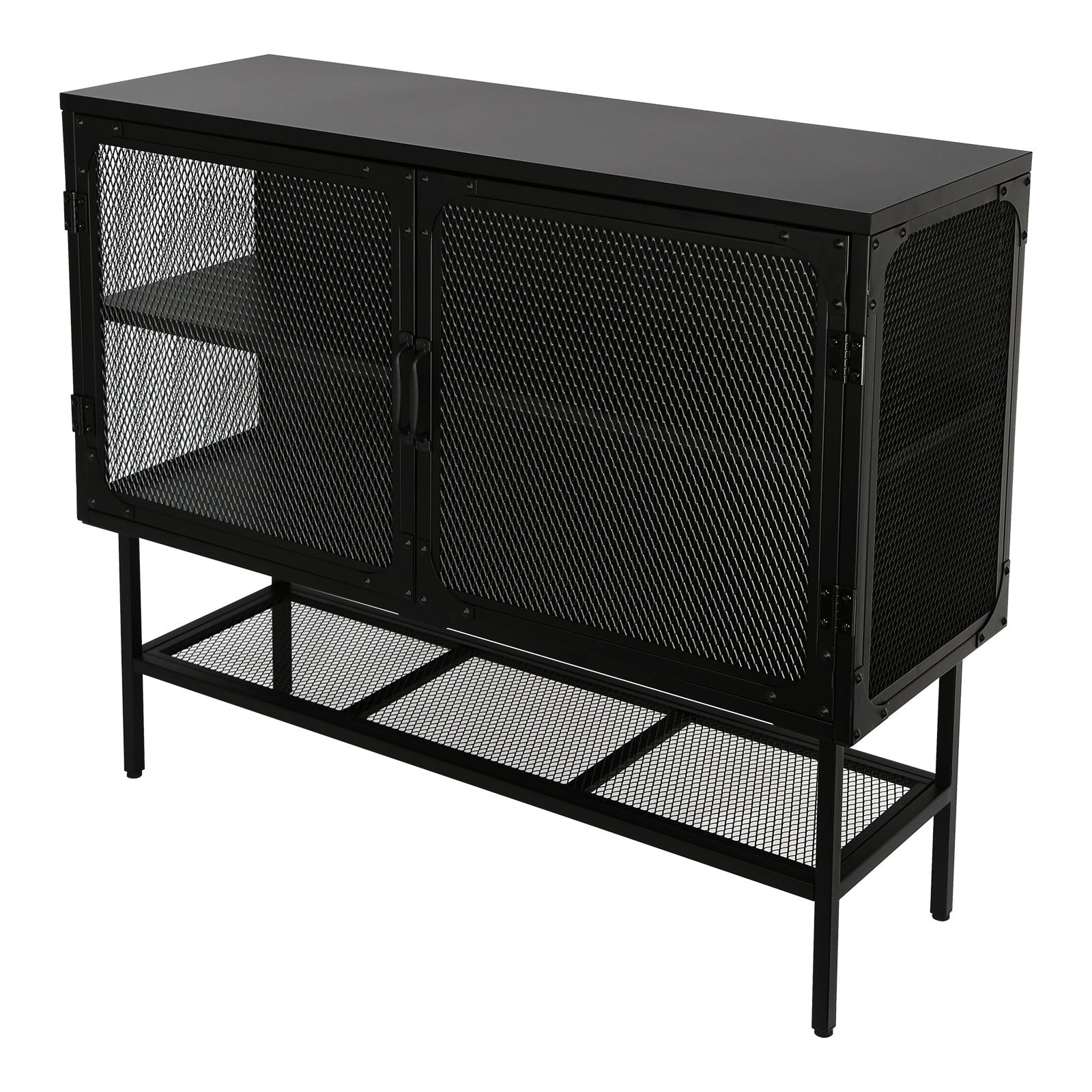 Industrial Double Door Cabinet Console Table With 2 Mesh Doors Adjustable Shelf And Feet Bottom Shelf Anti Tip Dust Free Kitchen Credenza Sideboard Frosted Black Black Steel