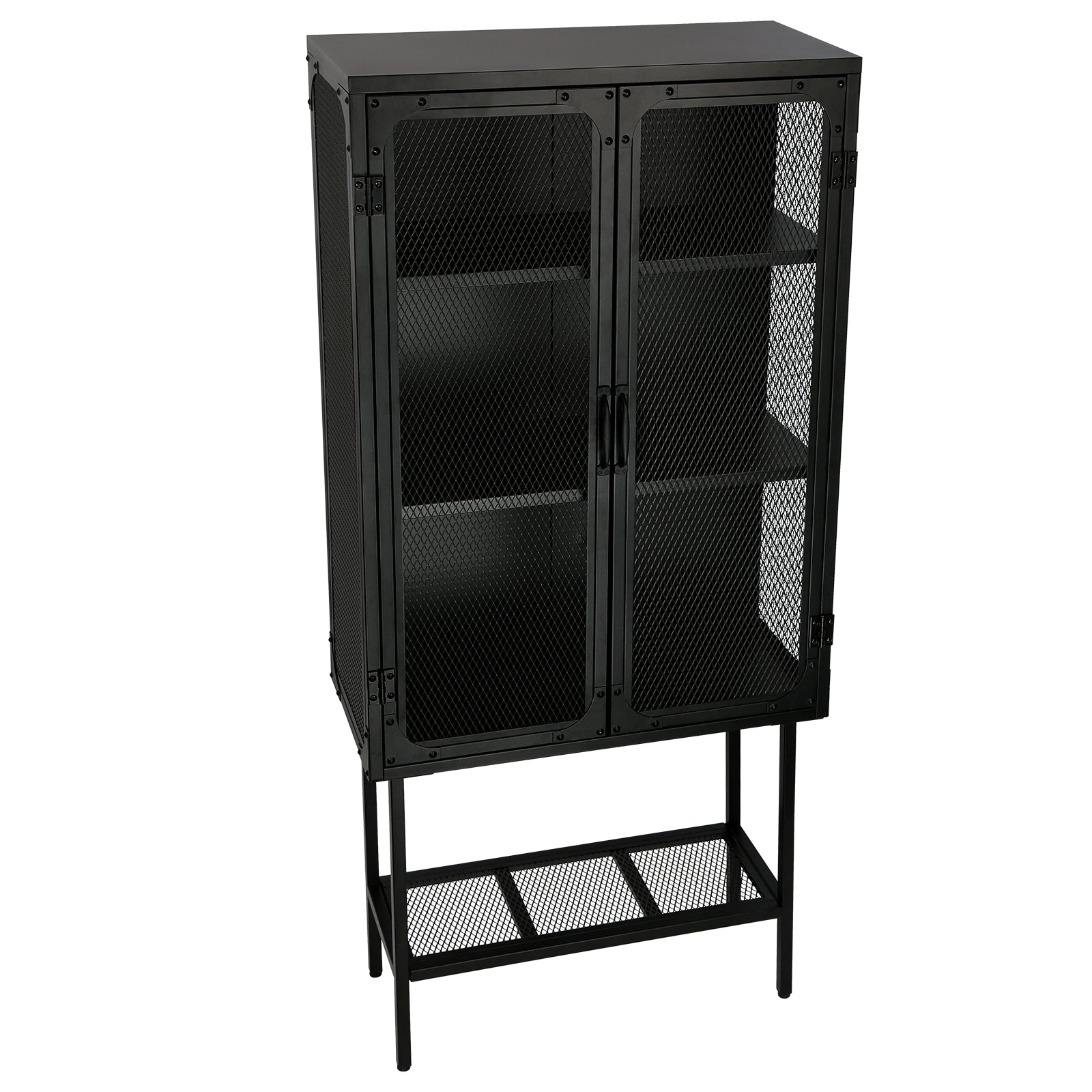 Industrial Cabinet Cupboard With 2 Metal Mesh Doors Adjustable Shelves And Feet Bottom Shelf Anti Tip Dust Free Kitchen Credenza Sideboard Black Black Steel