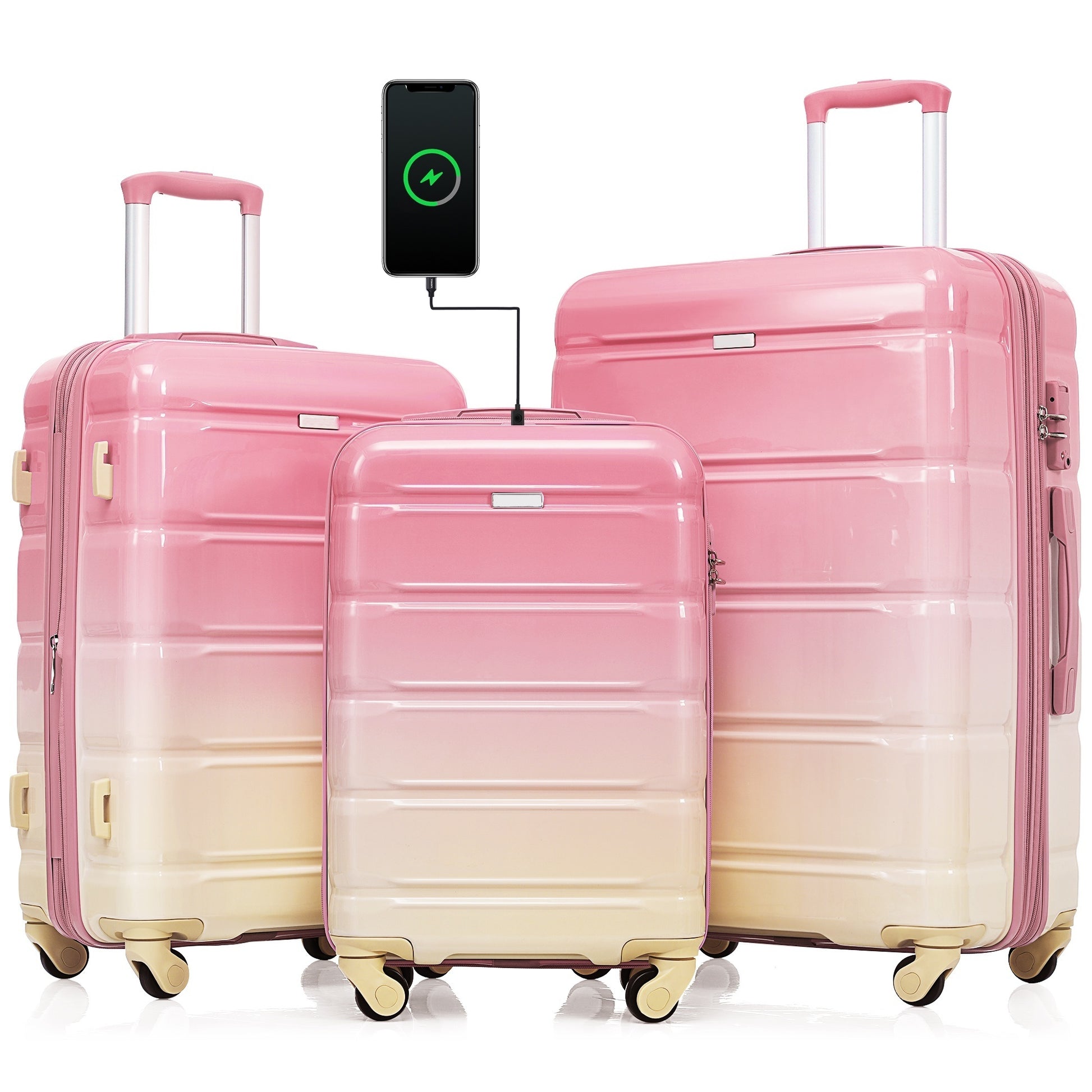 Luggage Set Of 3, 20 Inch With Usb Port, Airline Certified Carry On Luggage With Cup Holder, Abs Pc Hard Shell Luggage With Spinner Wheels, Gradient Pink Pink Abs Pc