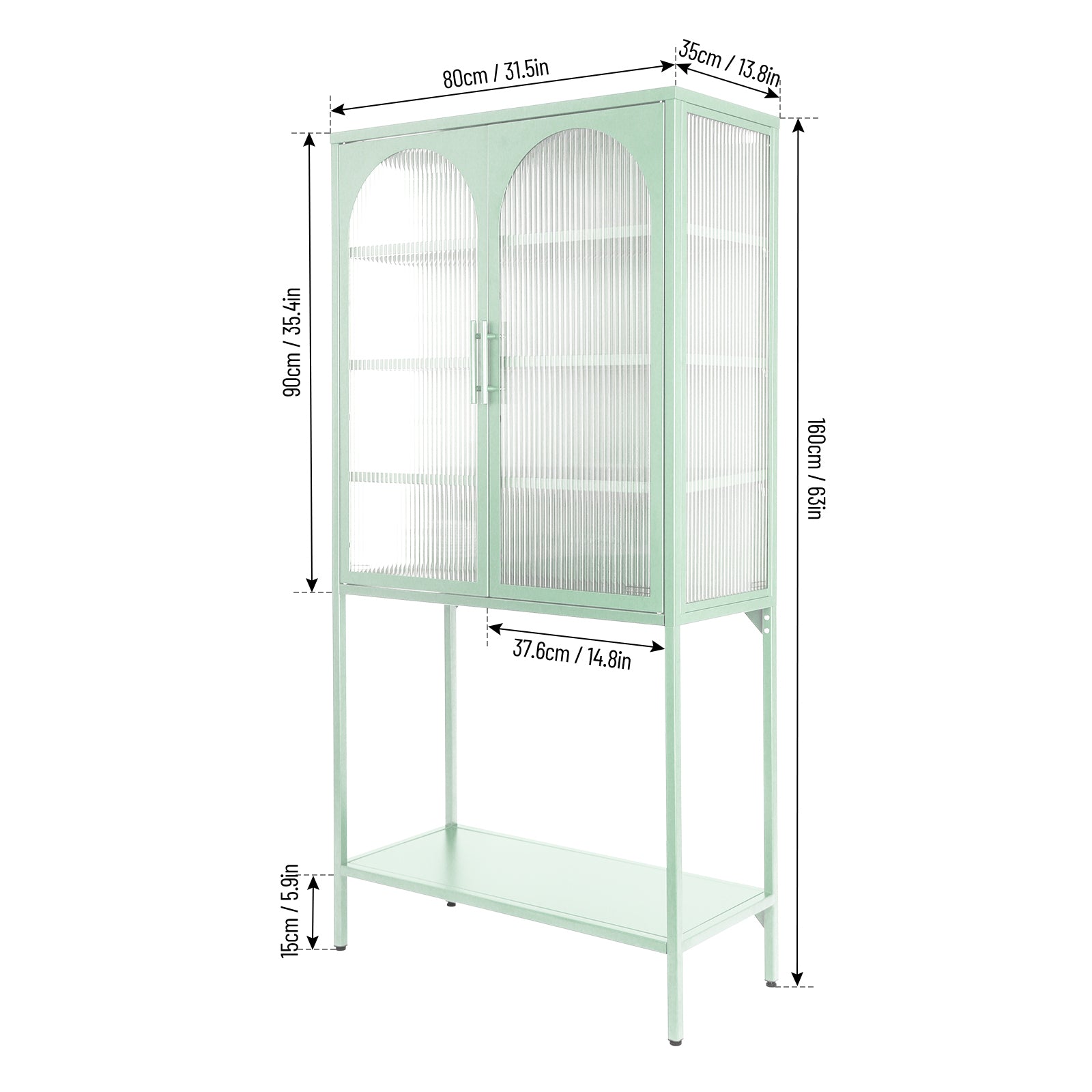 Elegant Floor Cabinet With 2 Glass Arched Doors Living Room Display Cabinet With Adjustable Shelves Anti Tip Dust Free Easy Assembly Light Green Mint Green Tempered Glass Sheet Metal Plastic