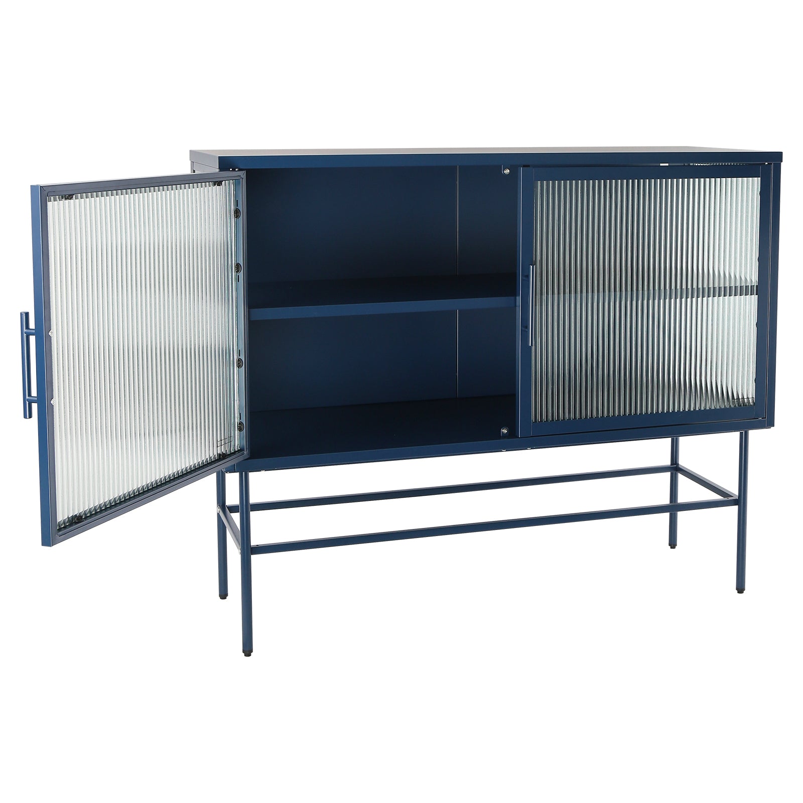 Double Door Tempered Glass Sideboard Console Table With 2 Fluted Glass Doors Adjustable Shelf And Feet Anti Tip Dust Free Kitchen Credenza Cabinet Blue Blue Tempered Glass Sheet Metal Plastic