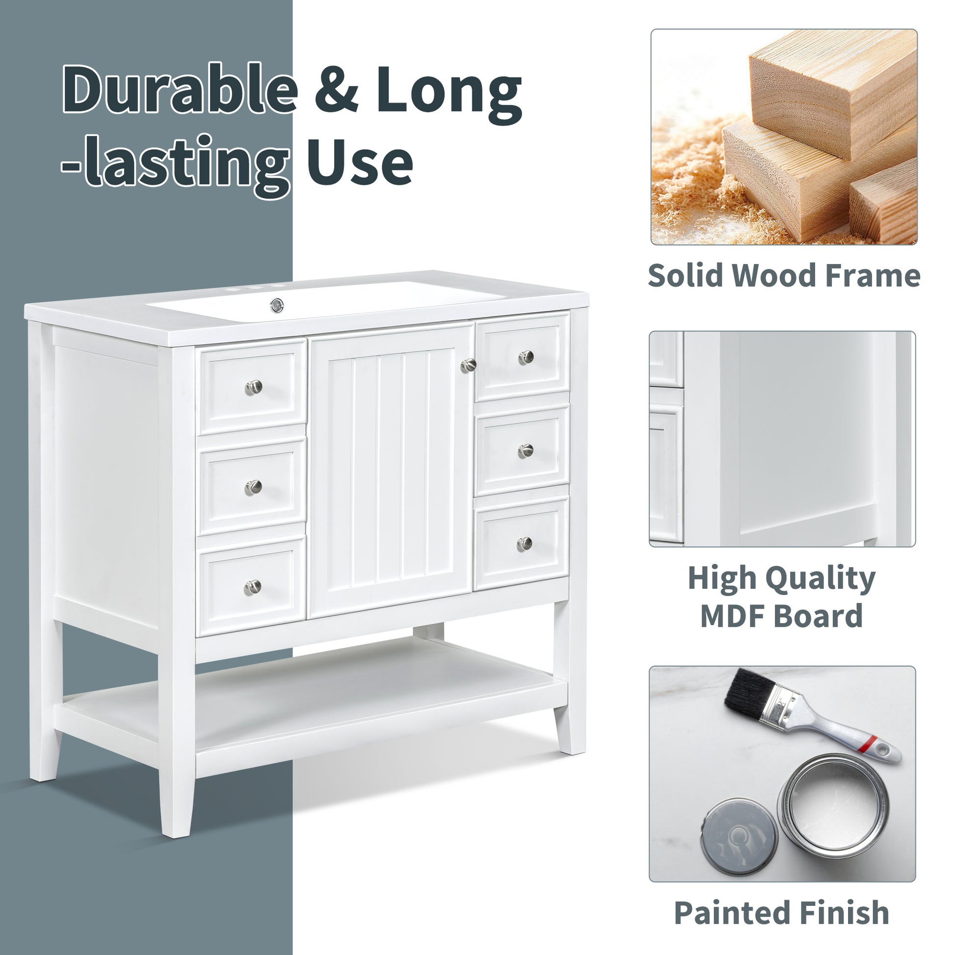 36" Bathroom Vanity With Sink Combo, One Cabinet And Three Drawers, Solid Wood And Mdf Board, White Old Sku:Sy999505Aak White Solid Wood Mdf