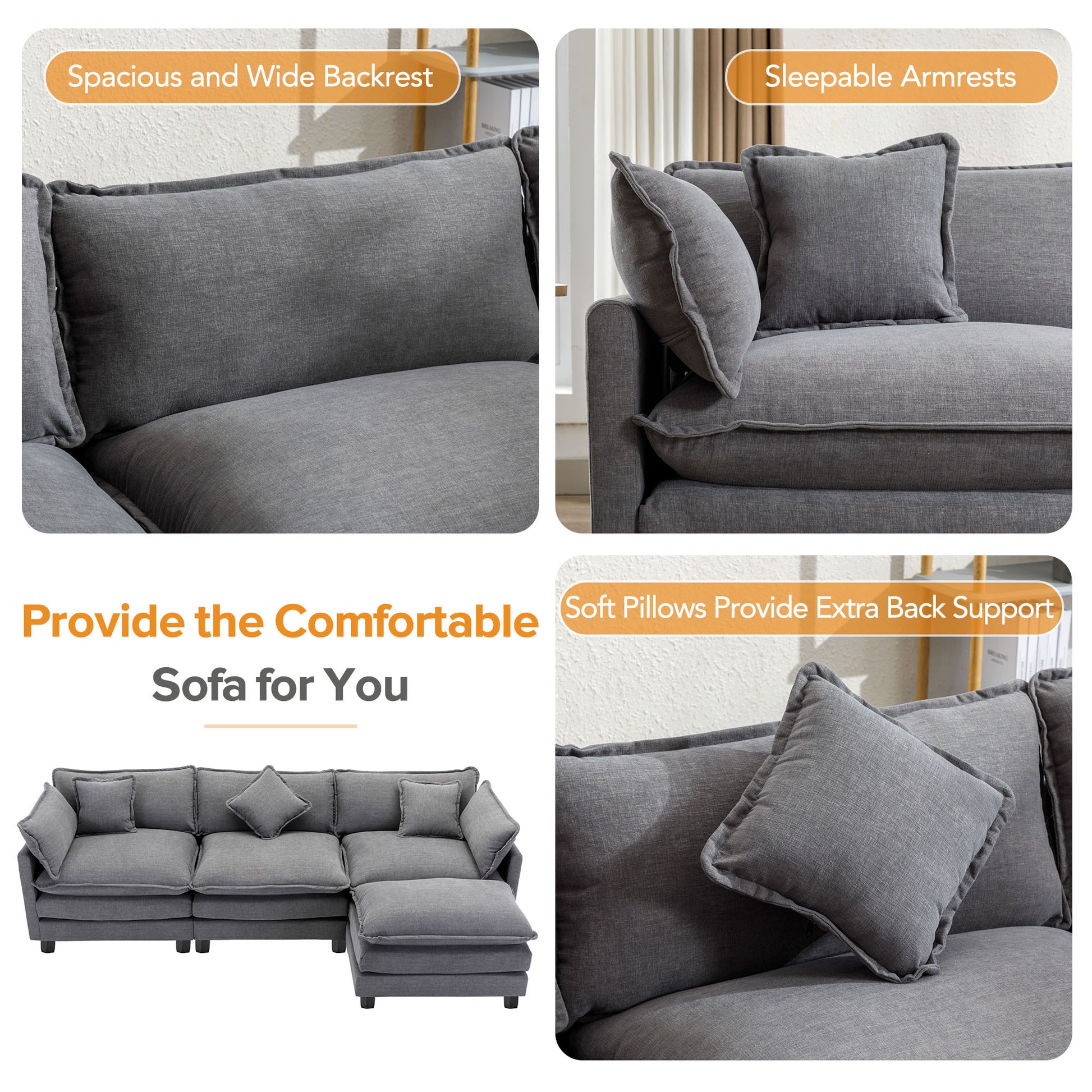 112.2" L Shape Chenille Upholstered Sofa For Living Room Modern Luxury Sofa Couch With Ottoman, 5 Pillows, Gray Gray Foam 4 Seat