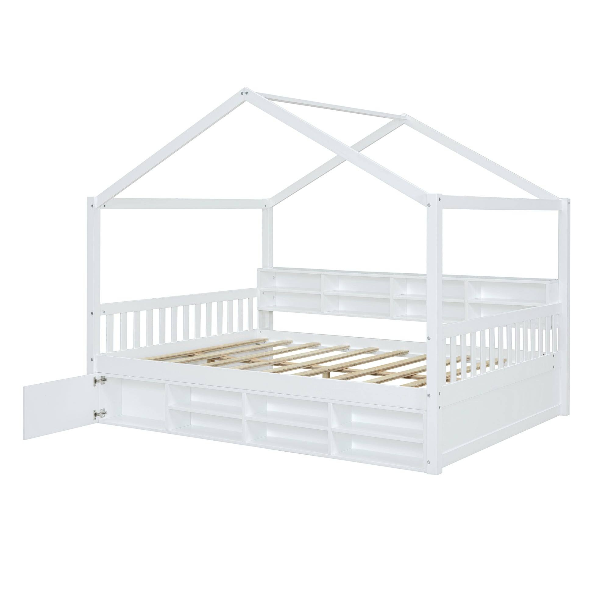 Full Size Wooden House Bed With Shelves And A Mini Cabinet, White Box Spring Not Required White Wood Bedroom Pine Bed Frame Wood