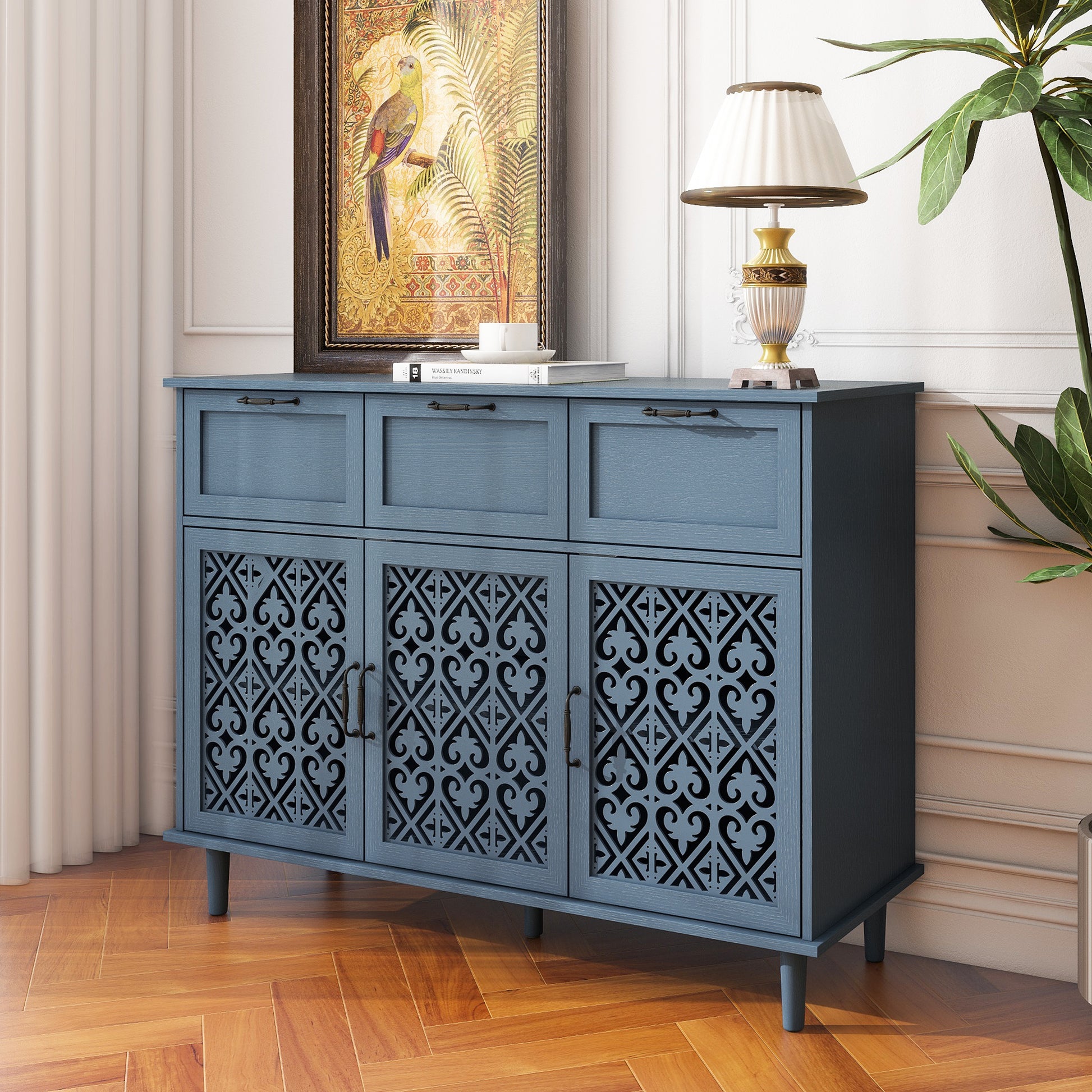 3 Door 3 Drawer Cabinet, American Furniture, Suitable For Bedroom, Living Room, Study Blue Particle Board