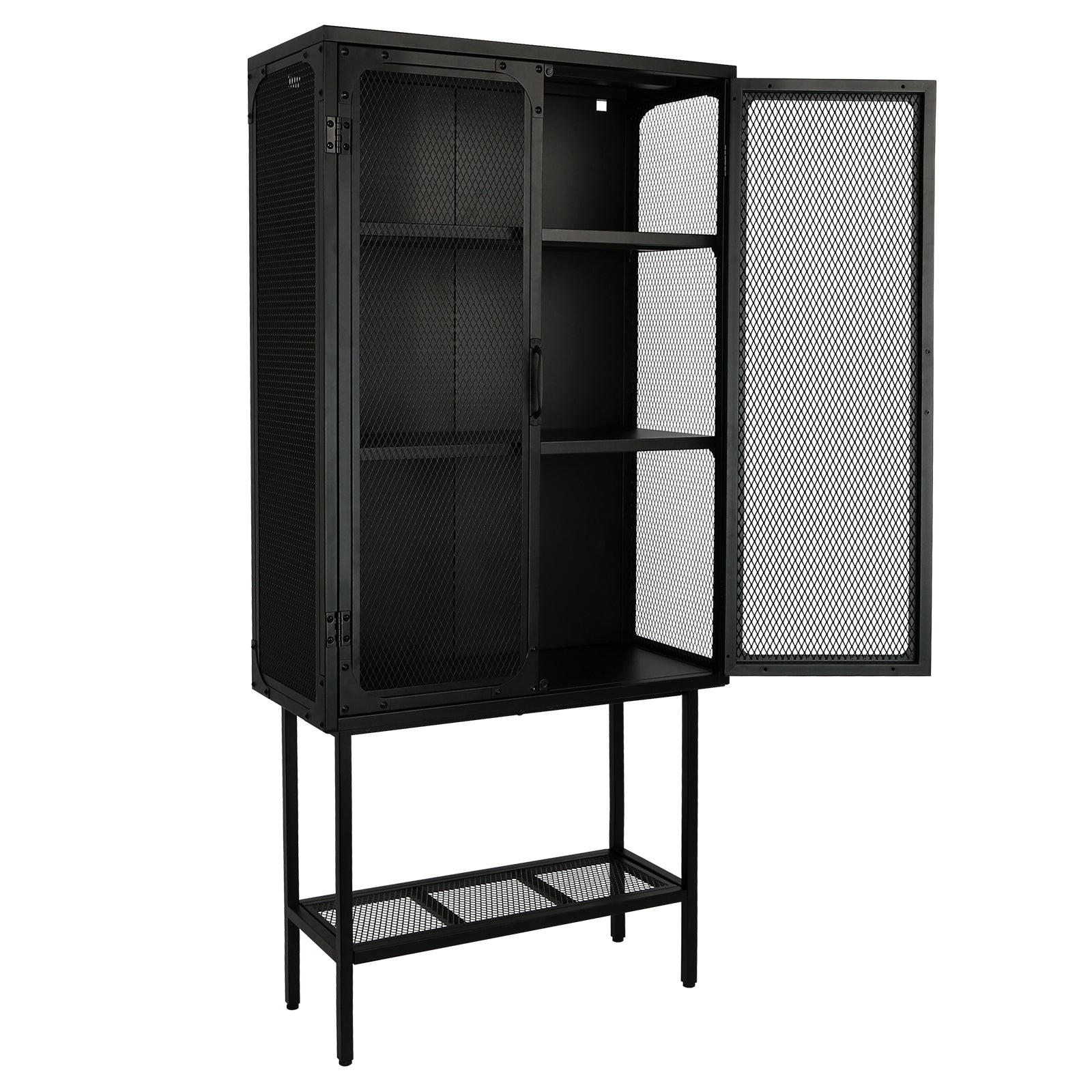 Industrial Cabinet Cupboard With 2 Metal Mesh Doors Adjustable Shelves And Feet Bottom Shelf Anti Tip Dust Free Kitchen Credenza Sideboard Black Black Steel