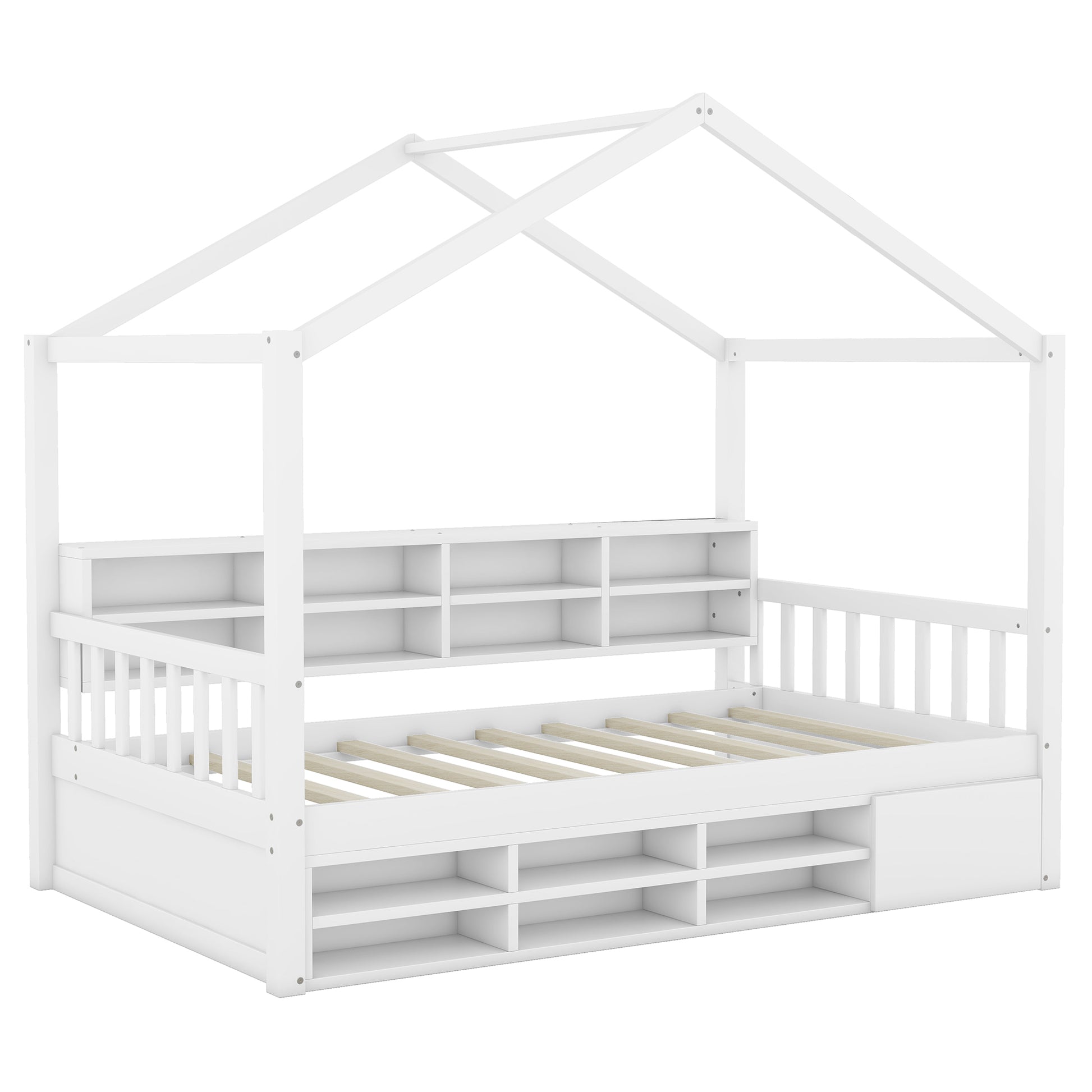 Twin Size Wooden House Bed With Shelves And A Mini Cabinet, White Box Spring Not Required White Wood Bedroom Pine Bed Frame Wood