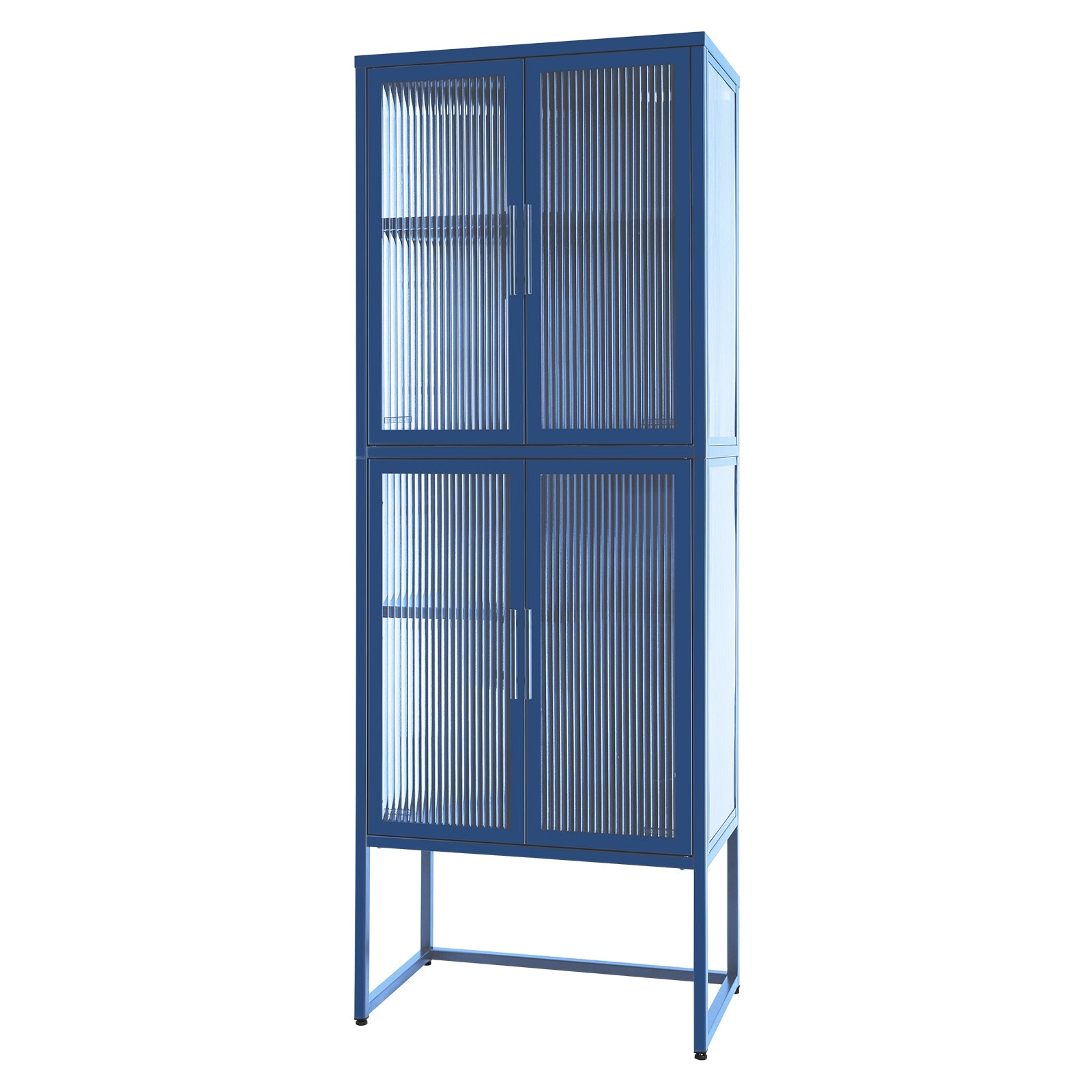Stylish 4 Door Tempered Glass Cabinet With 4 Glass Doors Adjustable Shelves U Shaped Leg Anti Tip Dust Free Fluted Glass Kitchen Credenza Blue Blue Tempered Glass Sheet Metal Plastic