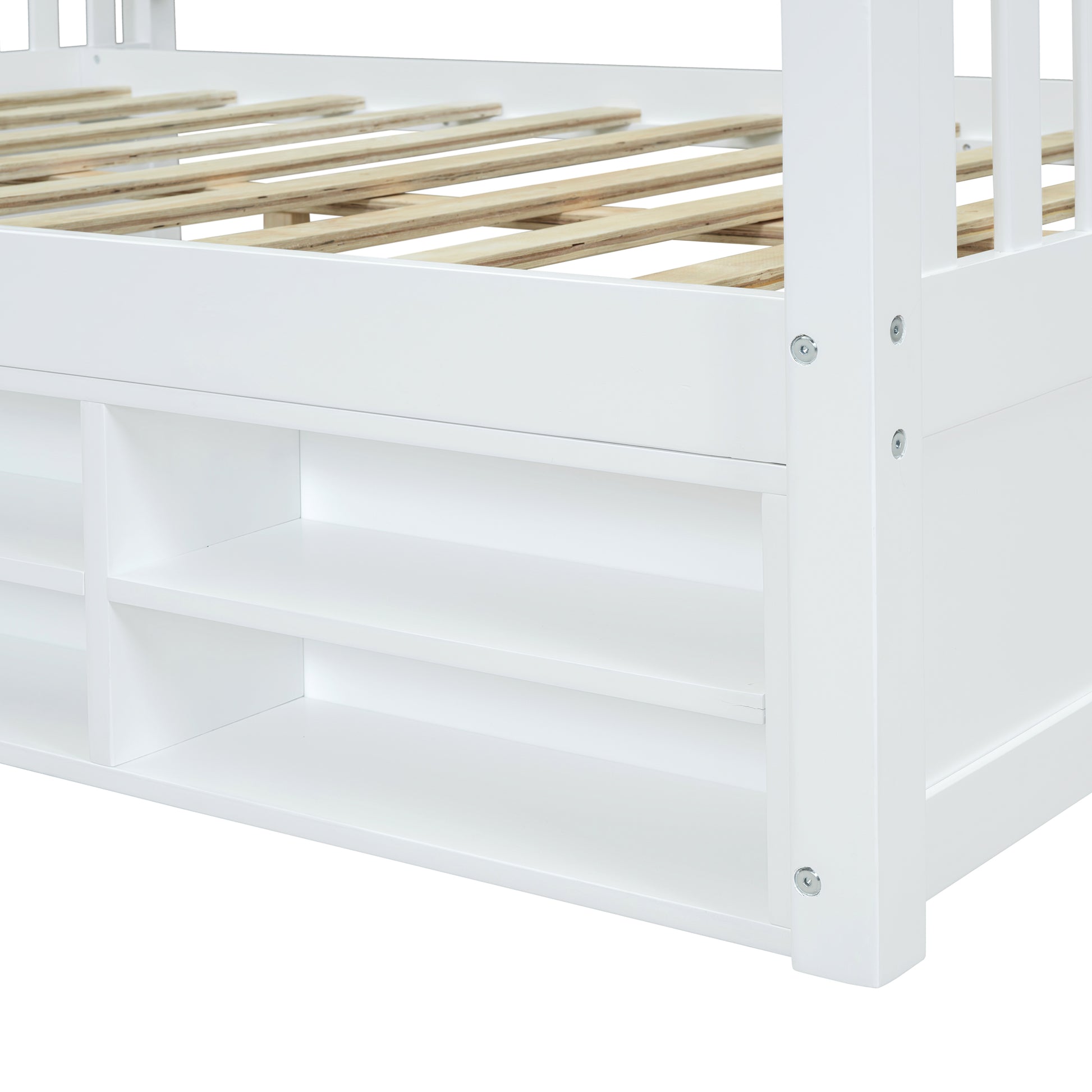 Full Size Wooden House Bed With Shelves And A Mini Cabinet, White Box Spring Not Required White Wood Bedroom Pine Bed Frame Wood