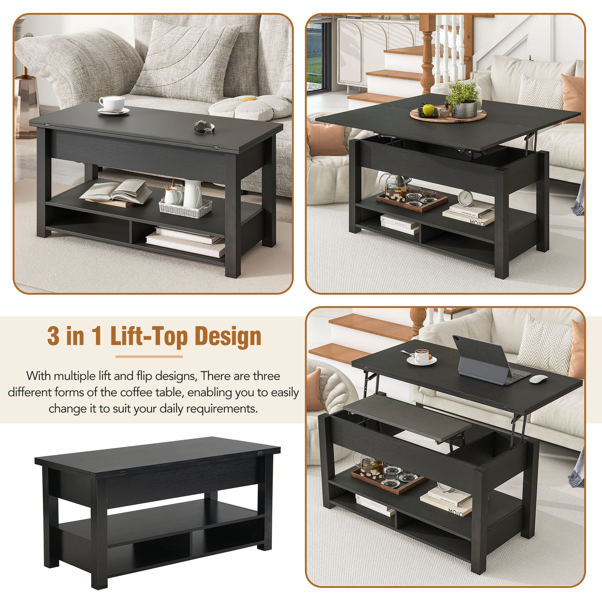 Lift Top Coffee Table, Multi Functional Coffee Table With Open Shelves, Modern Lift Tabletop Dining Table For Living Room, Home Office, Black Black Primary Living Space Particle Board