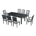 Rustic Extendable 84Inch Dining Table Set With 24Inch Removable Leaf6 Upholstered Armless Dining Chairs And 2 Padded Arm Chairs, 9 Pieces, Black Wood Dining Room Extendable Rubberwood Rectangular Dining Table With Chair Upholstered Chair Wood Black Gray