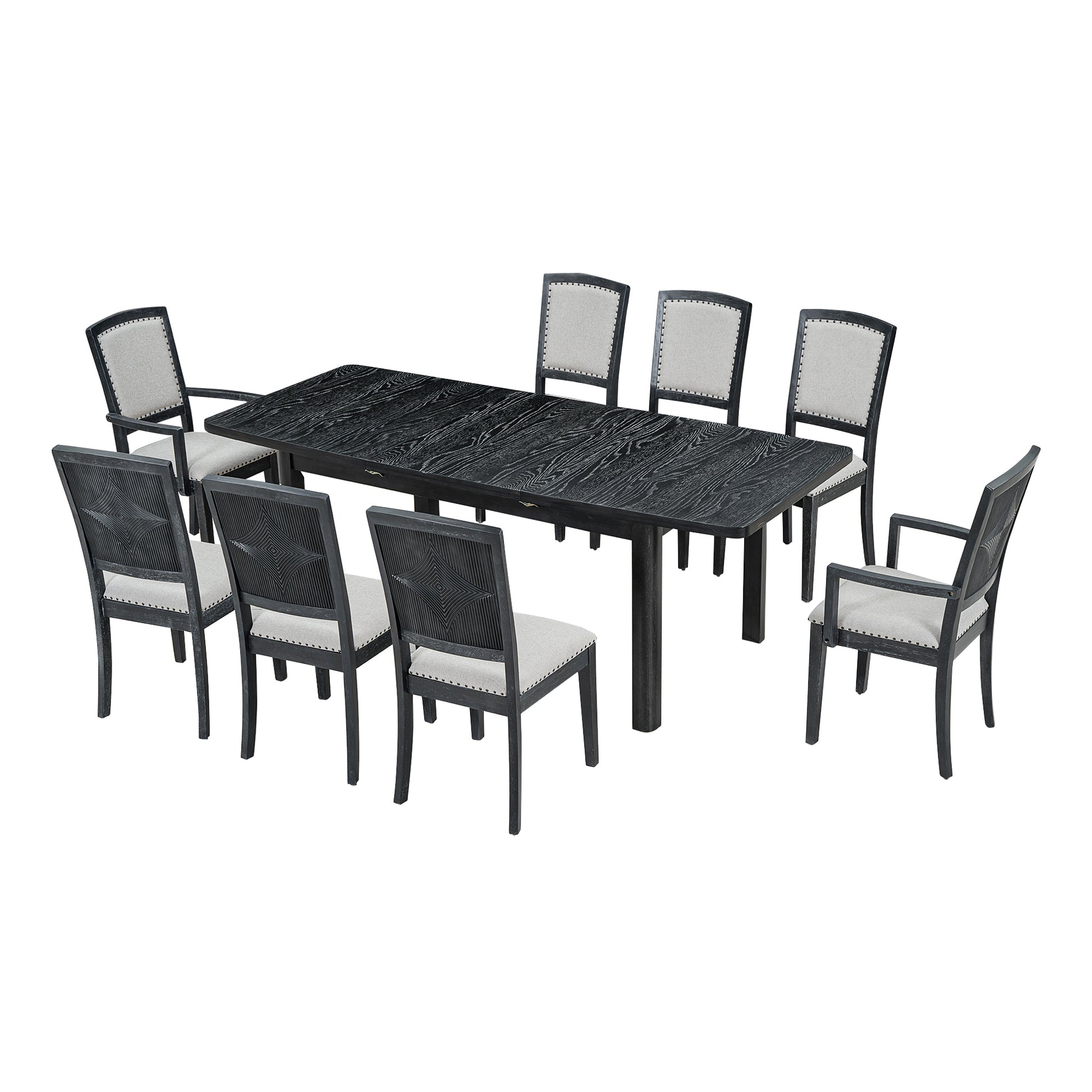 Rustic Extendable 84Inch Dining Table Set With 24Inch Removable Leaf6 Upholstered Armless Dining Chairs And 2 Padded Arm Chairs, 9 Pieces, Black Wood Dining Room Extendable Rubberwood Rectangular Dining Table With Chair Upholstered Chair Wood Black Gray