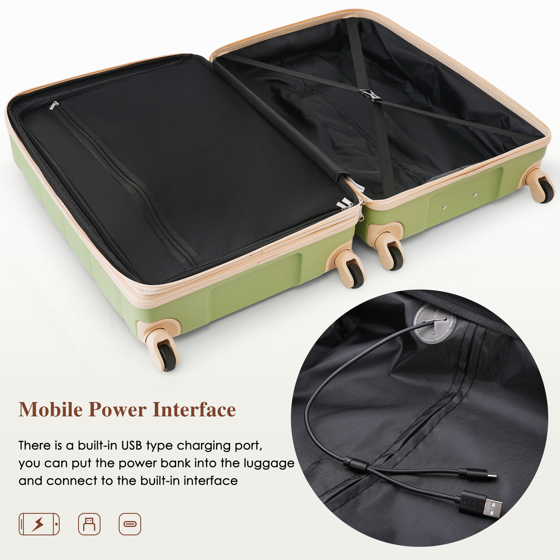 Luggage Set Of 3, 20 Inch With Usb Port, Airline Certified Carry On Luggage With Cup Holder, Abs Hard Shell Luggage With Spinner Wheels, Light Green Light Green Abs