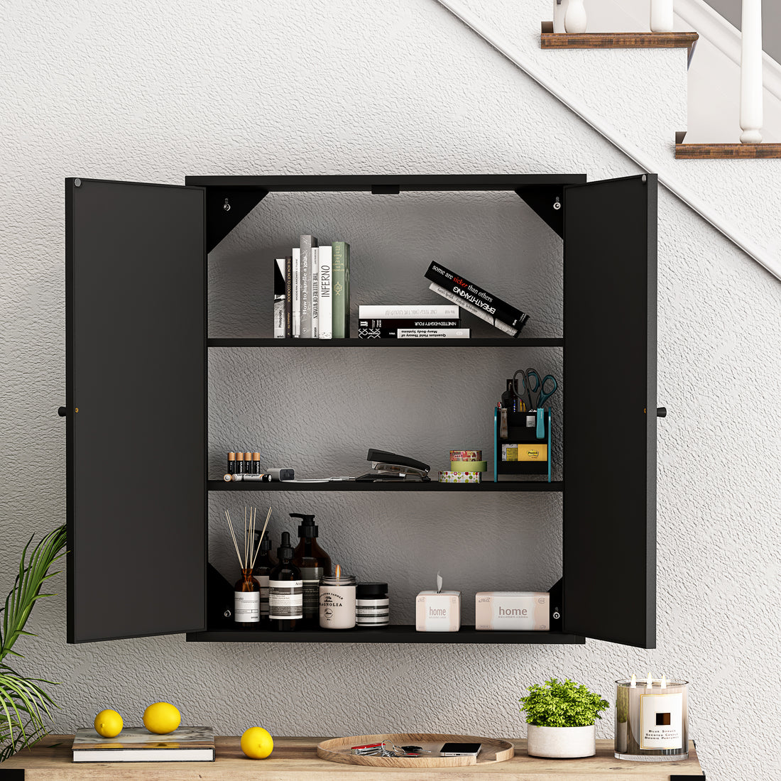 23.62 "Vintage Two Door Wall Cabinet With Mirror, Three Level Entrance Storage Space For Living Room, Bathroom, Dining Room, Black Black Iron