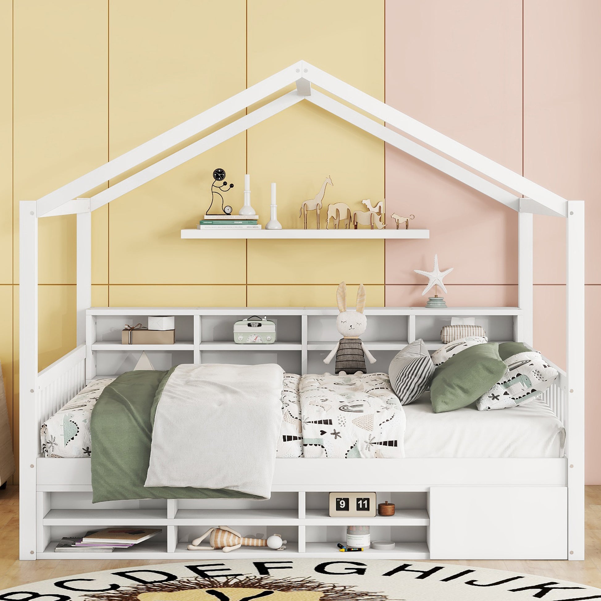 Full Size Wooden House Bed With Shelves And A Mini Cabinet, White Box Spring Not Required White Wood Bedroom Pine Bed Frame Wood