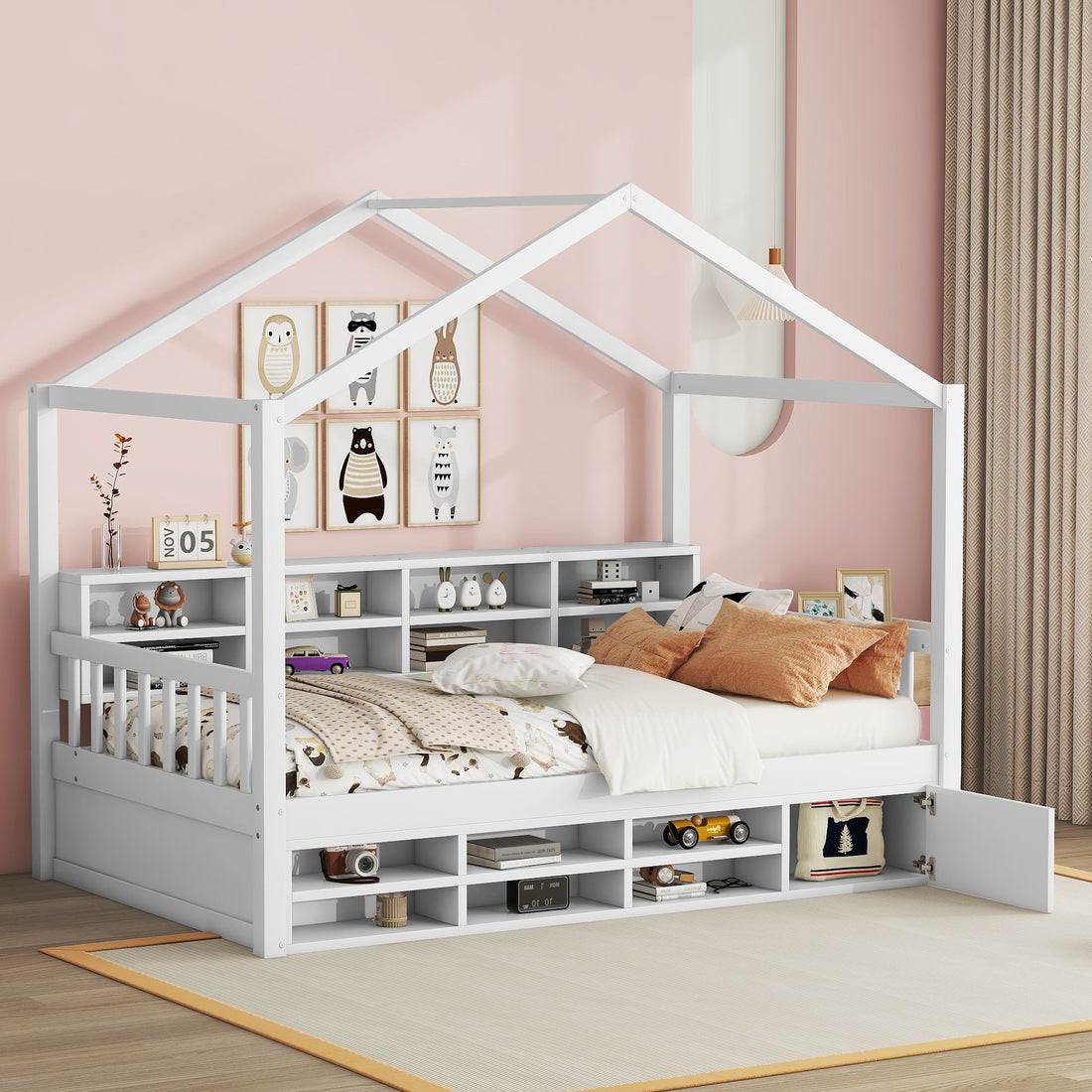 Twin Size Wooden House Bed With Shelves And A Mini Cabinet, White Box Spring Not Required White Wood Bedroom Pine Bed Frame Wood