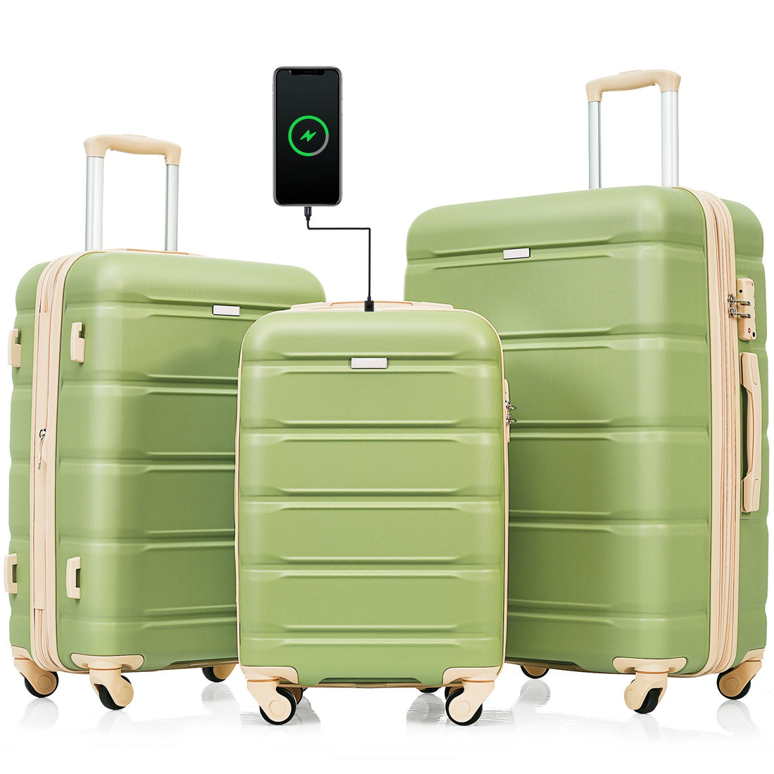 Luggage Set Of 3, 20 Inch With Usb Port, Airline Certified Carry On Luggage With Cup Holder, Abs Hard Shell Luggage With Spinner Wheels, Light Green Light Green Abs