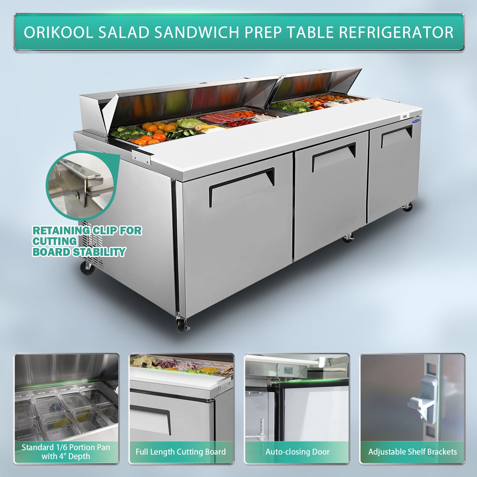 Orikool 72 In Commercial Refrigerators Sandwich&Salad Prep Table With A Butcher Block Cutting Board, Protection Lid, Cold Storage, Etl Certified Silver Stainless Steel
