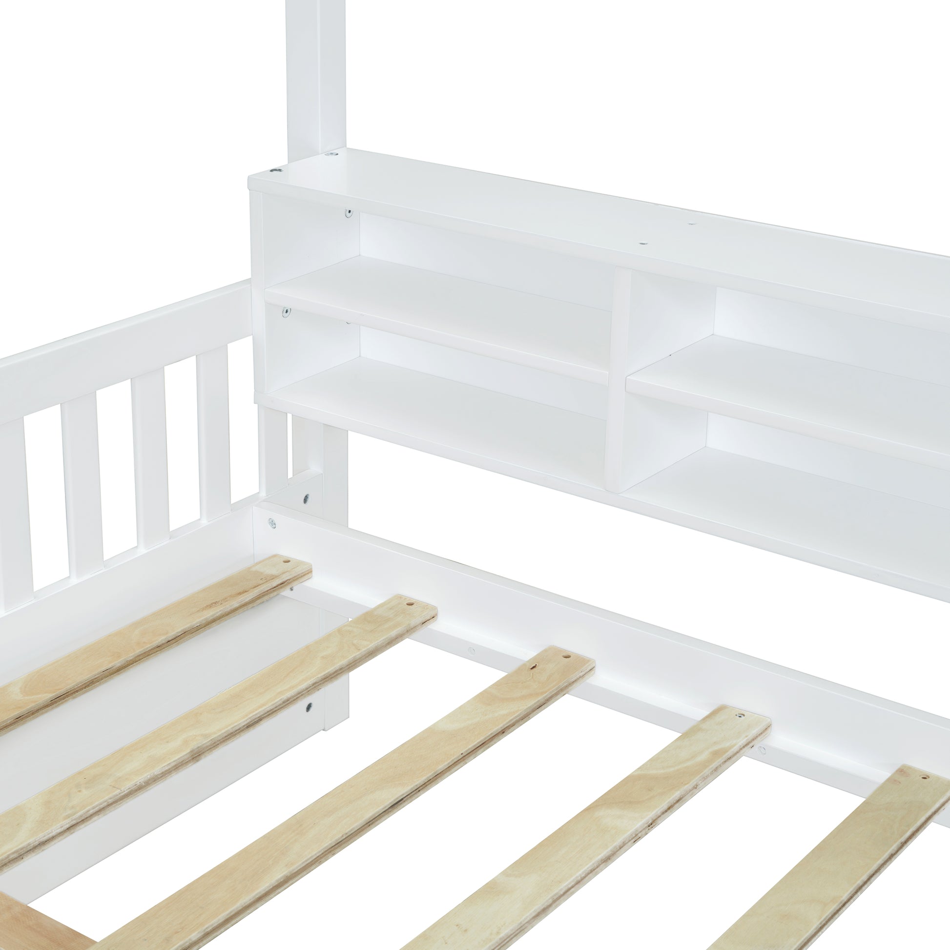 Full Size Wooden House Bed With Shelves And A Mini Cabinet, White Box Spring Not Required White Wood Bedroom Pine Bed Frame Wood