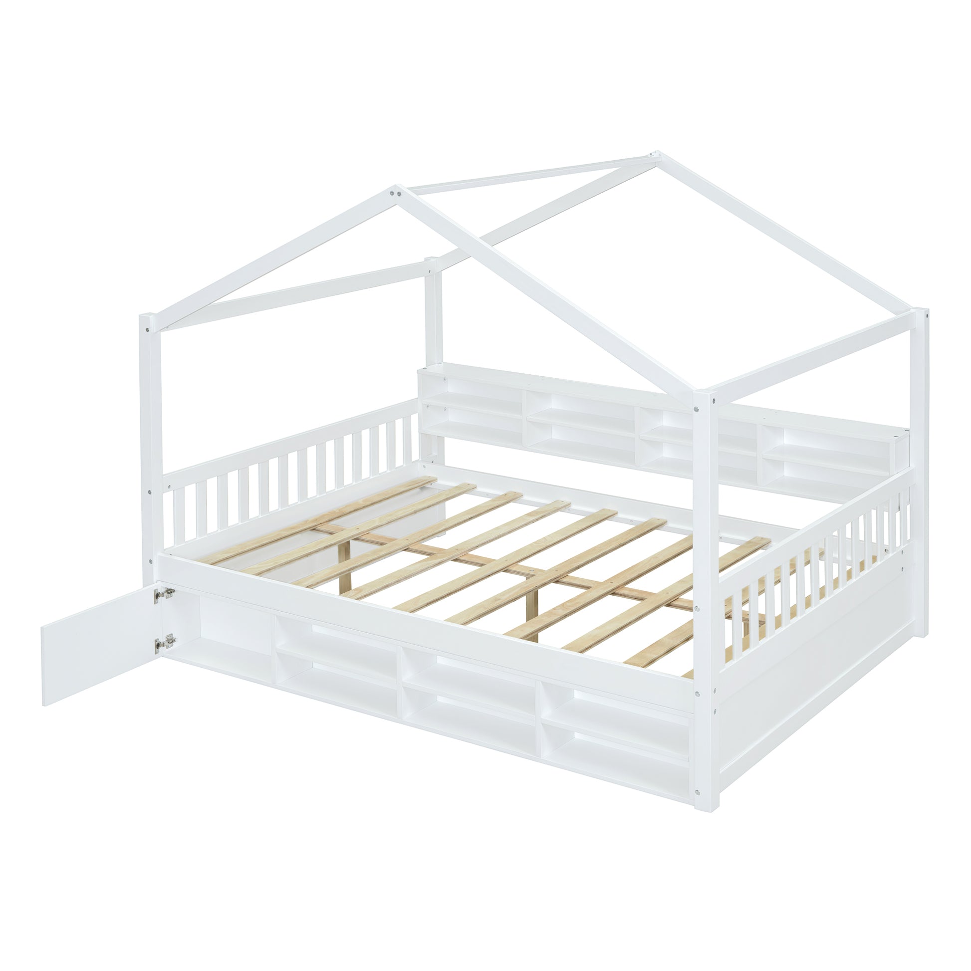 Full Size Wooden House Bed With Shelves And A Mini Cabinet, White Box Spring Not Required White Wood Bedroom Pine Bed Frame Wood