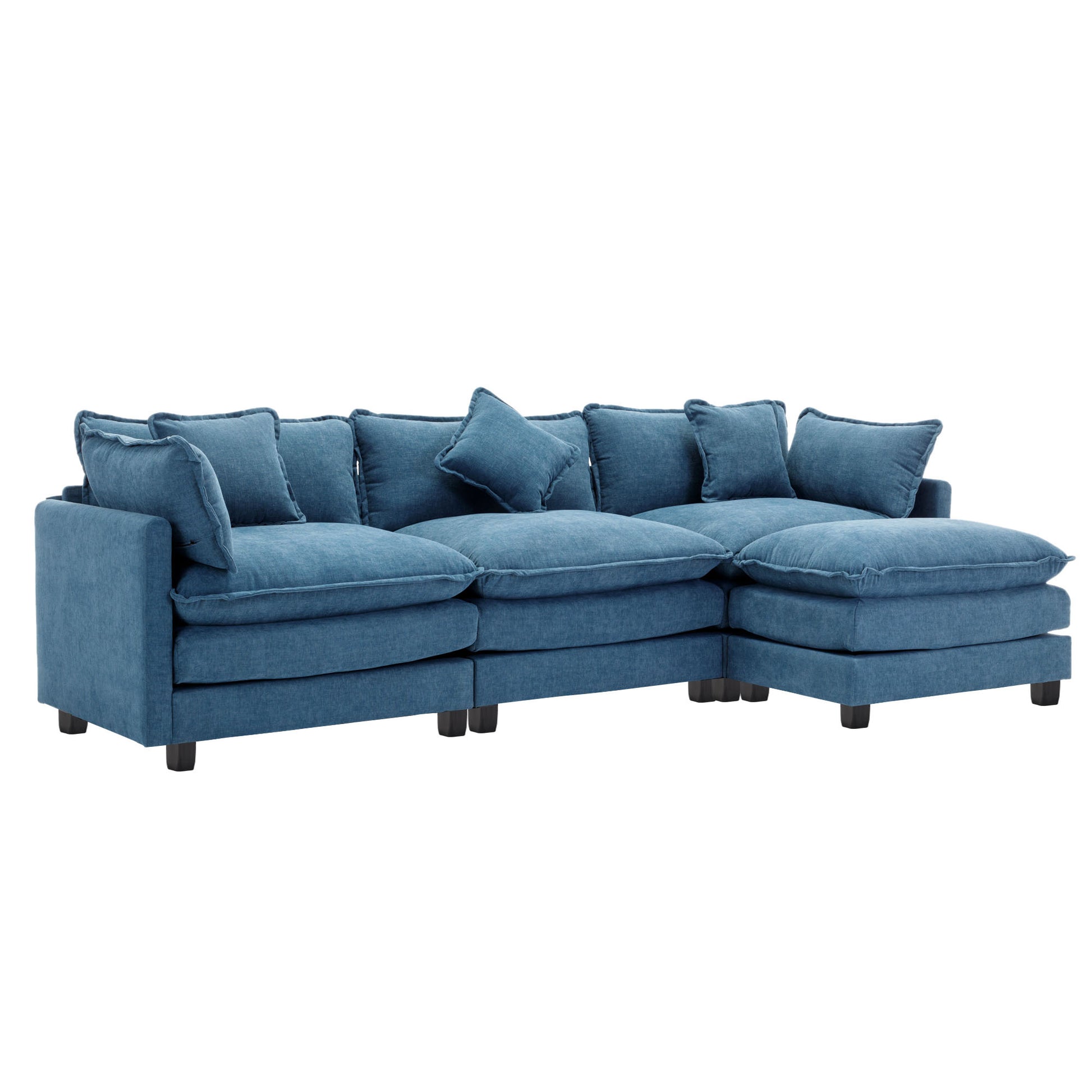 112.2" L Shape Chenille Upholstered Sofa For Living Room Modern Luxury Sofa Couch With Ottoman, 5 Pillows, Blue Blue Foam 4 Seat