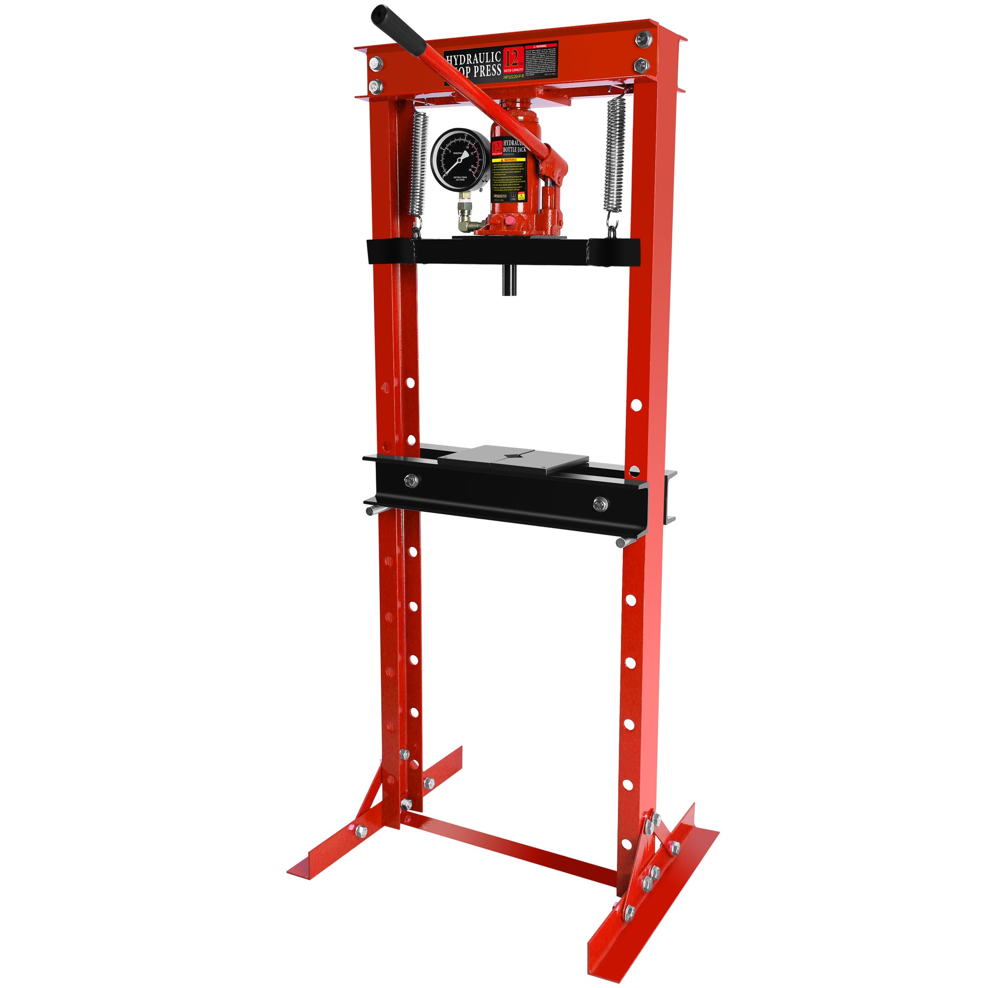 Steel H Frame Hydraulic Garage Shop Floor Press With Stamping Plates, With A Pressure Gauge,12 Ton 24,000 Lb Capacity, Red Red Steel